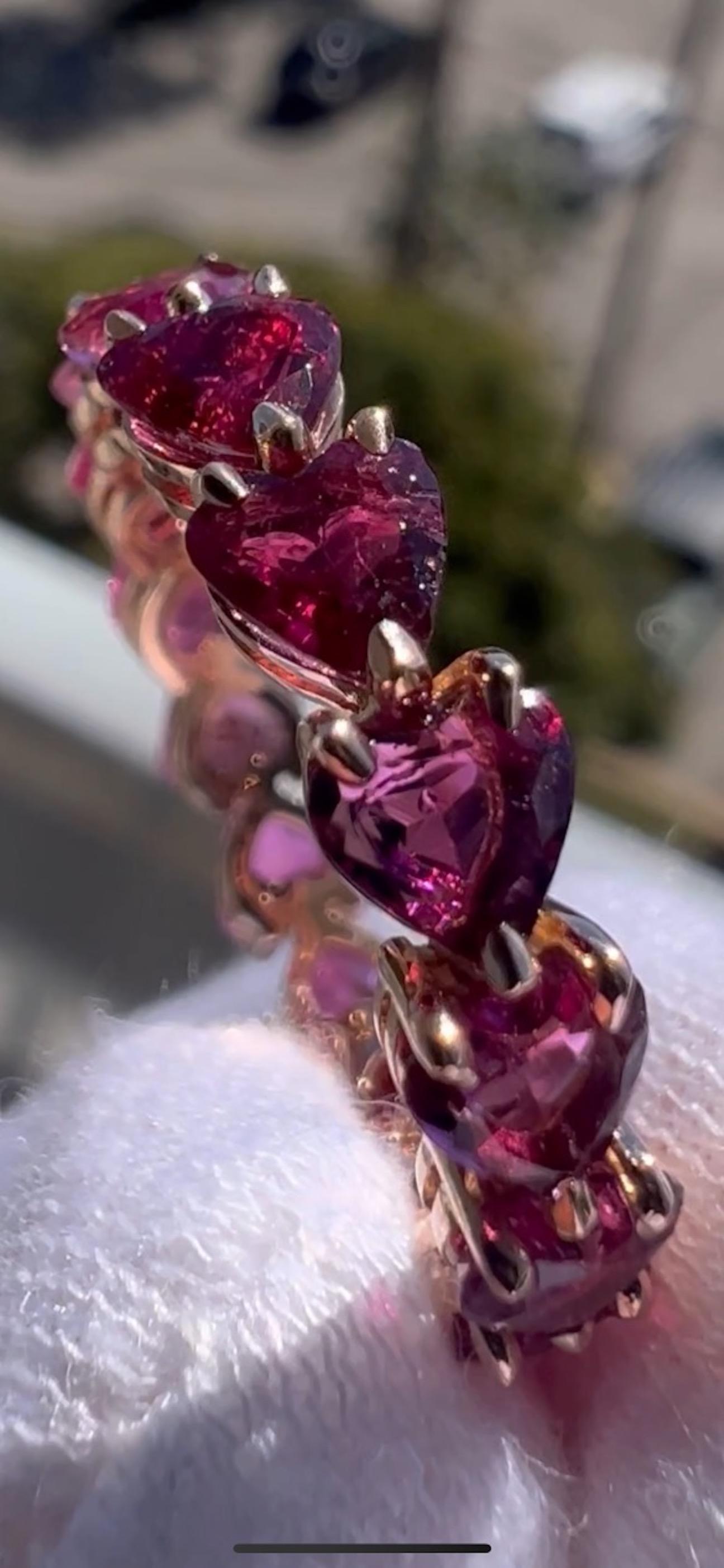 Pink Sapphire Gemstone Heart Shaped Eternity Ring 18k Rose Gold 3.85 Carat