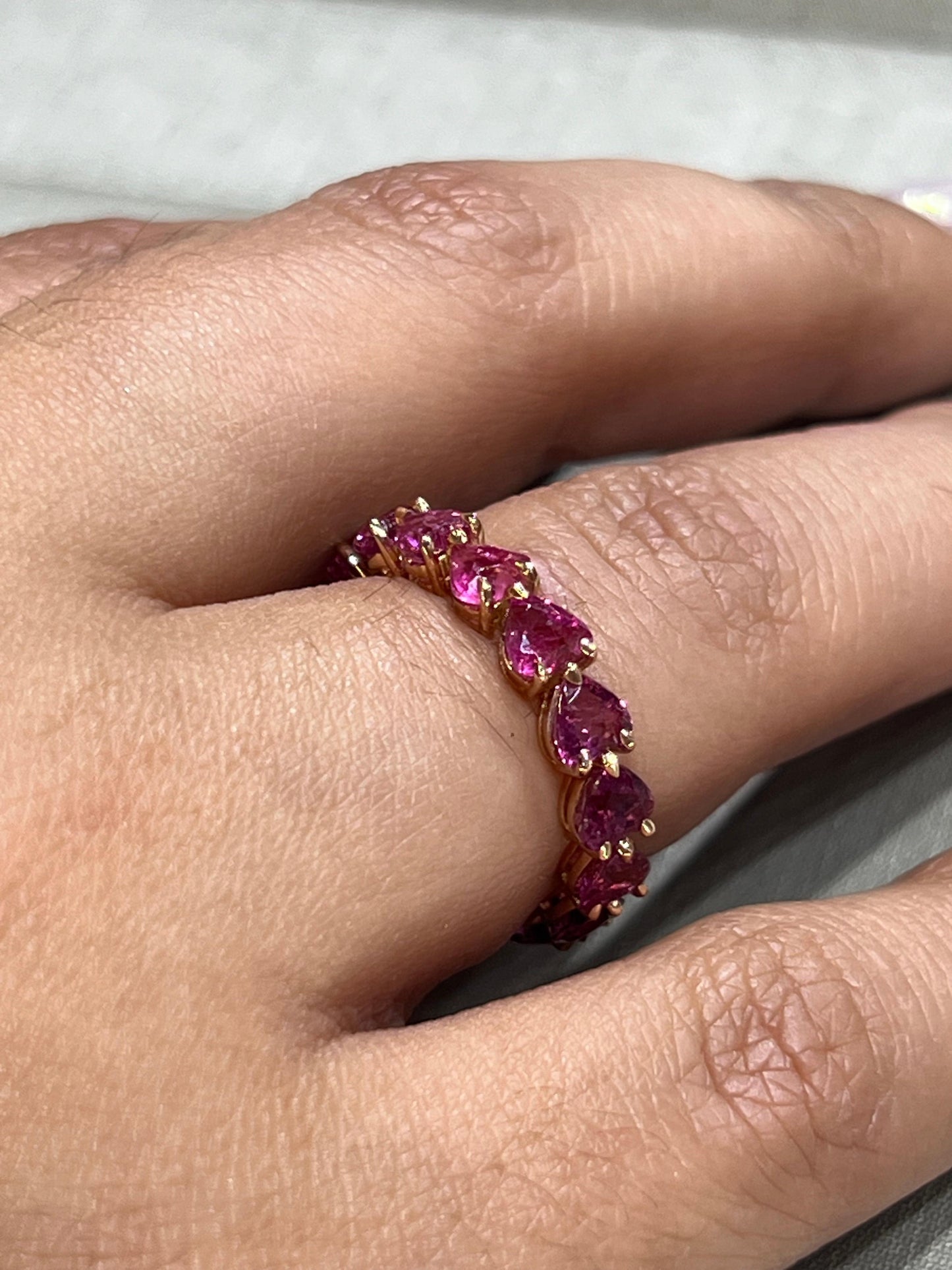 Pink Sapphire Gemstone Heart Shaped Eternity Ring 18k Rose Gold 3.85 Carat