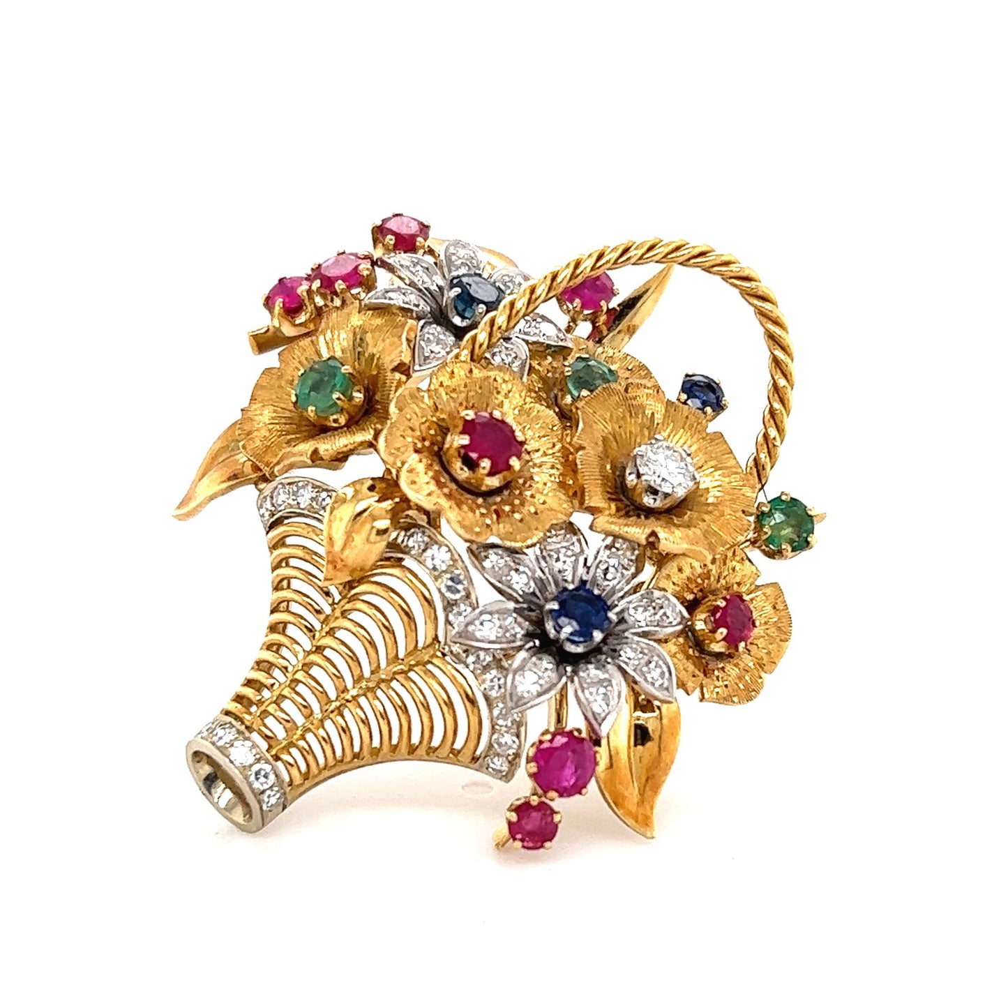 Retro Floral Bouquet Brooch 18k Yellow Gold Diamond Emerald Ruby & Sapphire