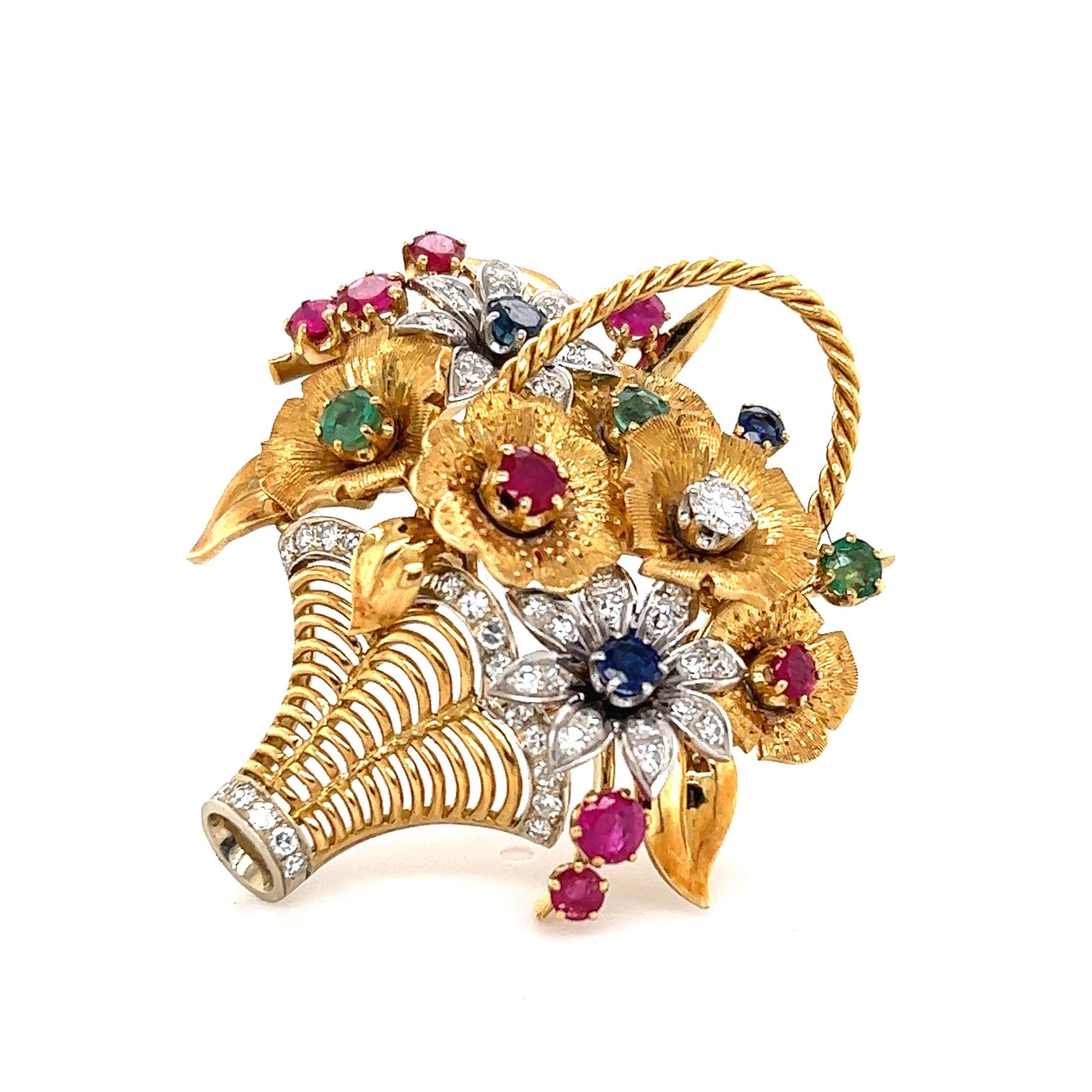 Retro Floral Bouquet Brooch 18k Yellow Gold Diamond Emerald Ruby & Sapphire