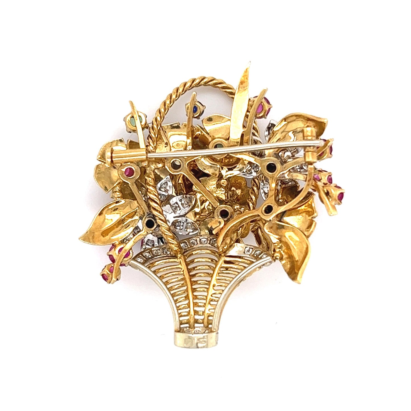 Retro Floral Bouquet Brooch 18k Yellow Gold Diamond Emerald Ruby & Sapphire