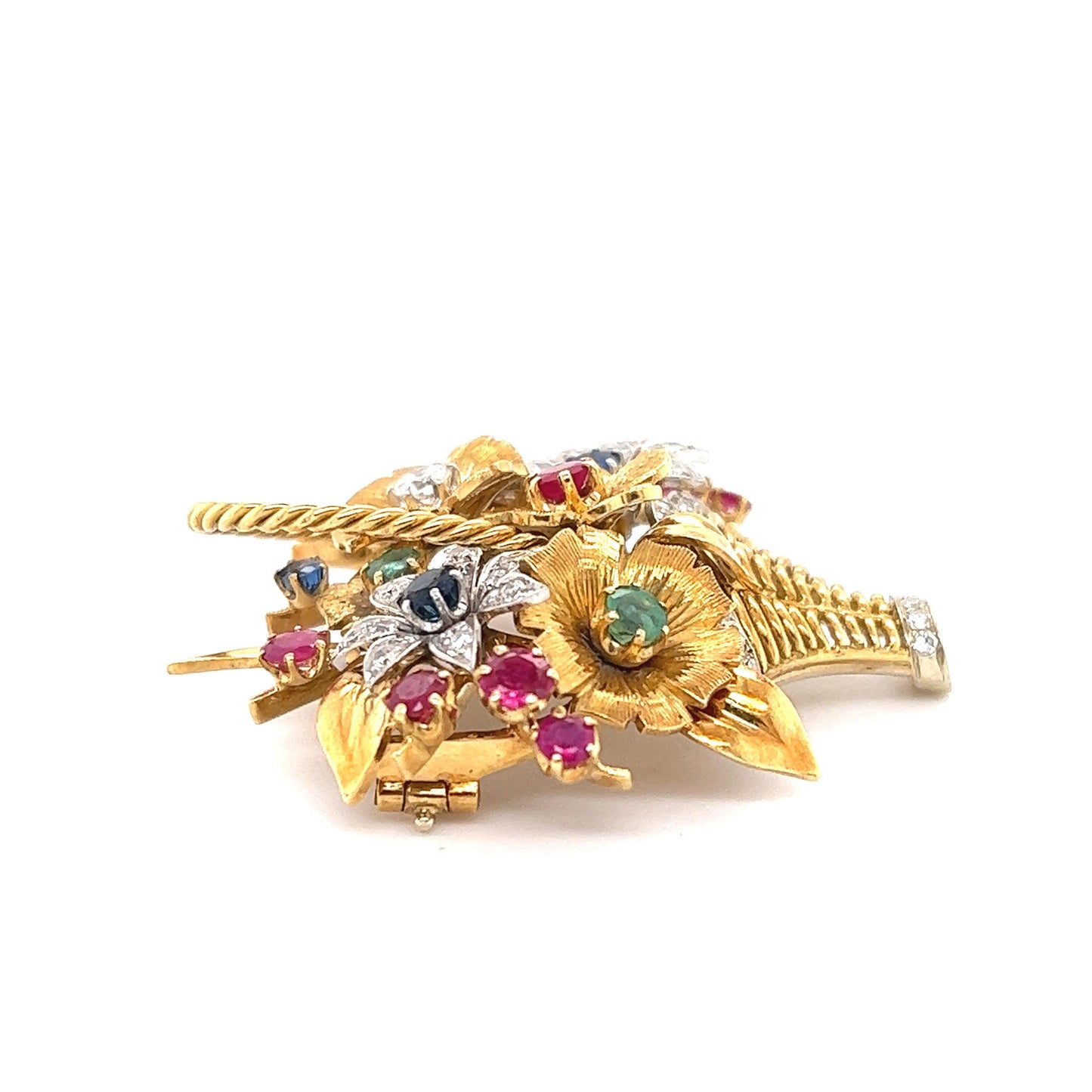 Retro Floral Bouquet Brooch 18k Yellow Gold Diamond Emerald Ruby & Sapphire