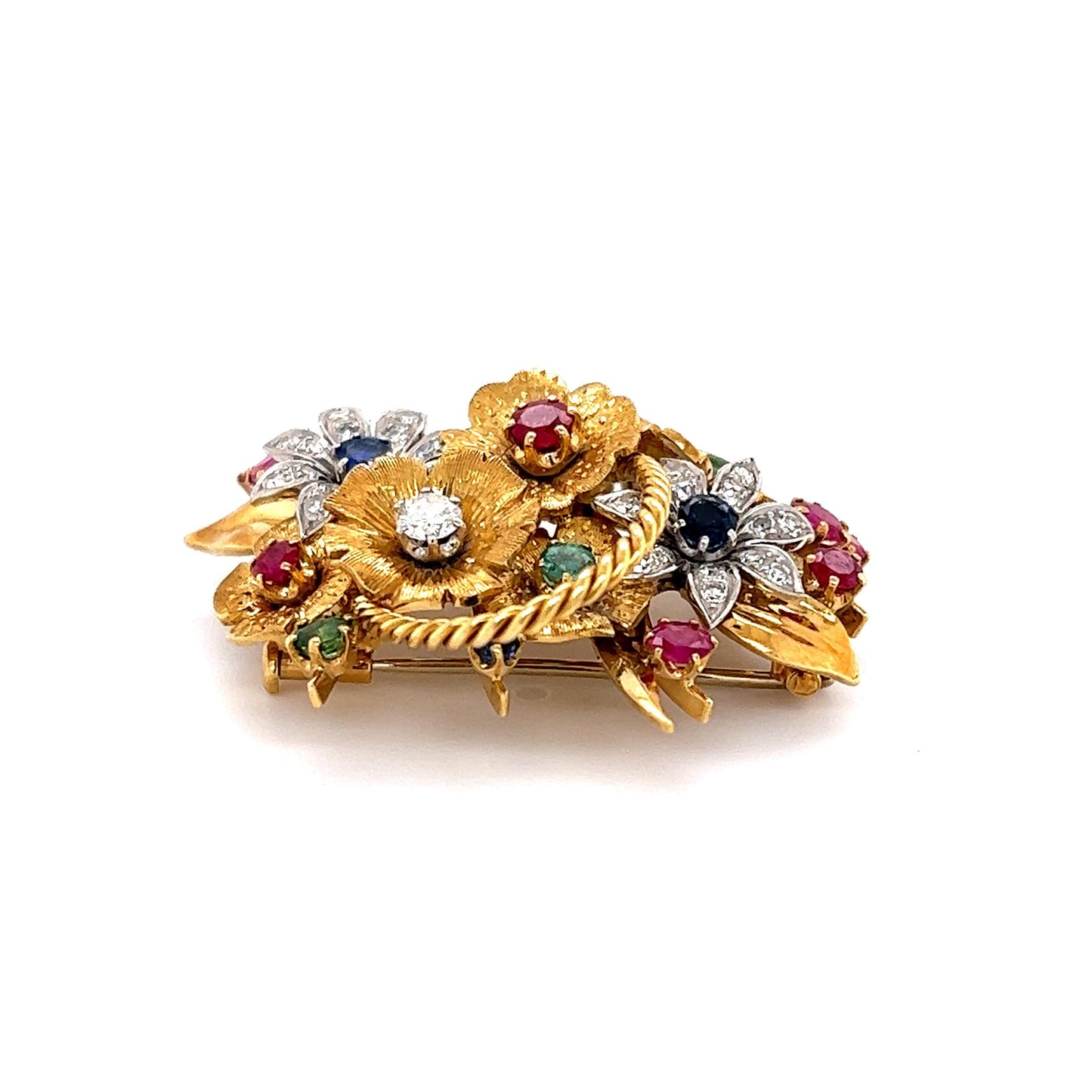 Retro Floral Bouquet Brooch 18k Yellow Gold Diamond Emerald Ruby & Sapphire