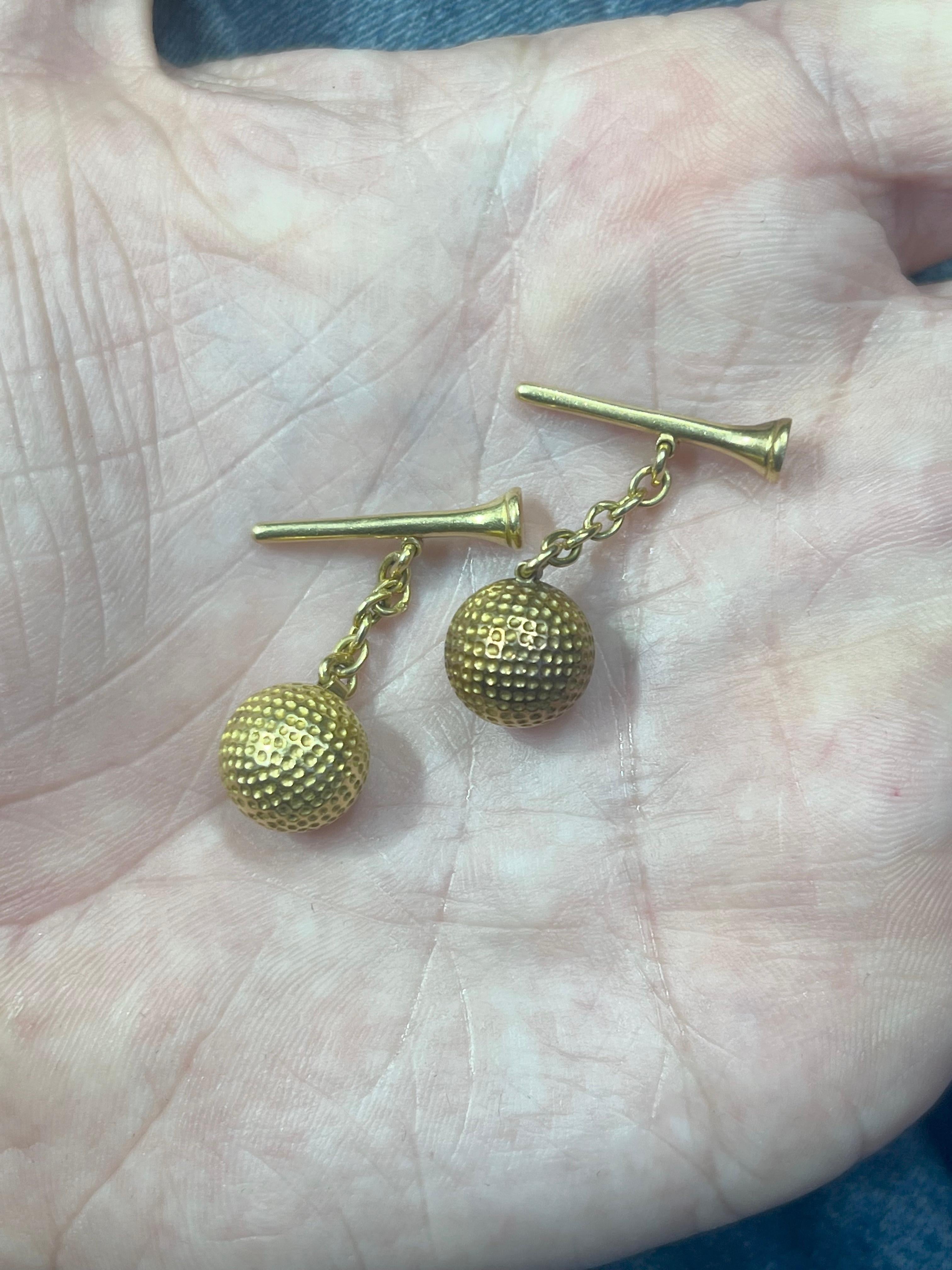 Retro French Golf Ball & Tee Cufflinks 18k Yellow Gold