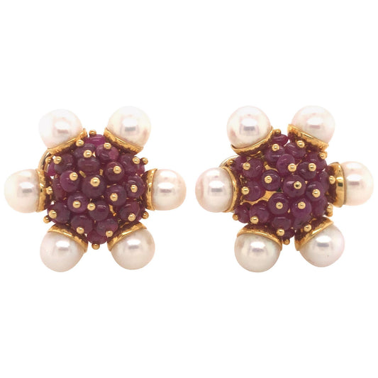 Ruby and Pearl Cluster Earrings 18 Karat Yellow Gold Zancan, Italy