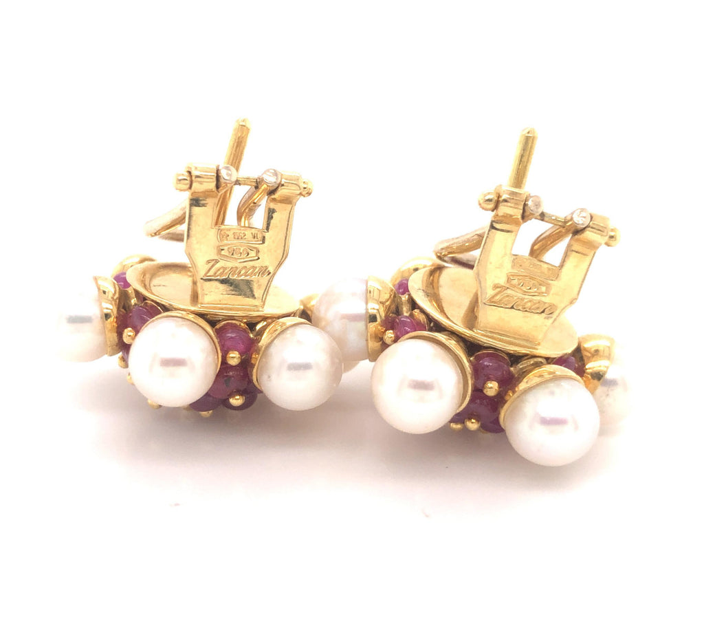 Ruby and Pearl Cluster Earrings 18 Karat Yellow Gold Zancan, Italy