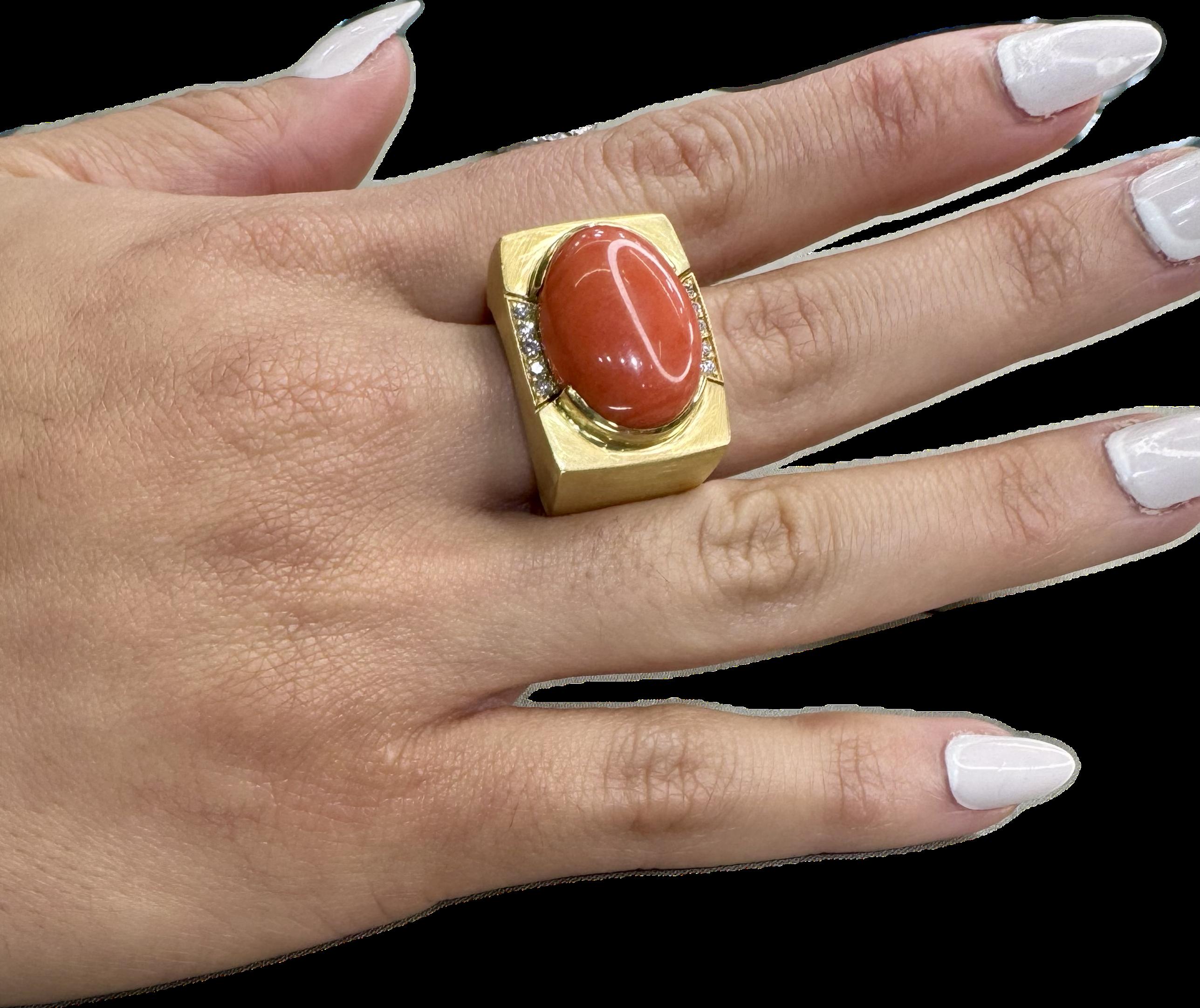 Estate Coral & Diamond 18k Yellow Gold Statement Ring