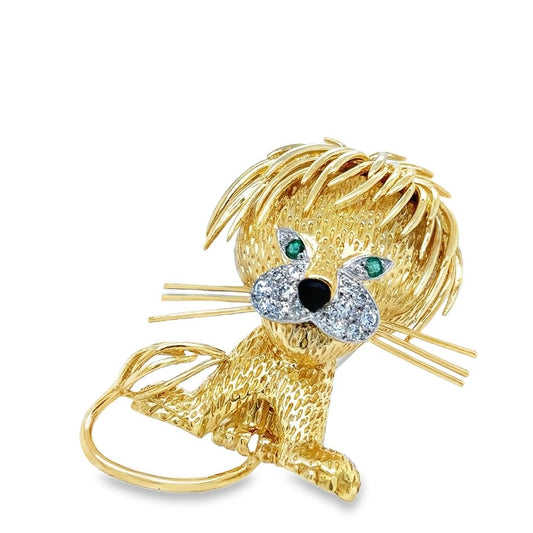 Van Cleef & Arpels Lion Ébouriffe Brooch 18k Estate Diamond Emerald & Onyx Gems