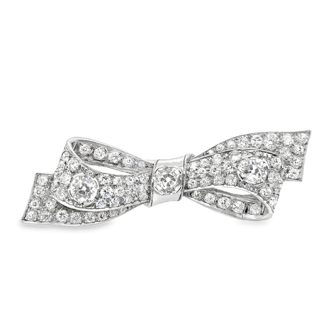 Tiffany & Co. Art Deco Platinum Ribbon Bow Old Mine Cut Diamonds