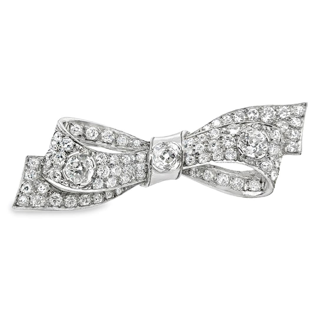 Tiffany & Co. Art Deco Platinum Ribbon Bow Old Mine Cut Diamonds