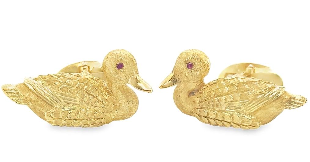 Kurt Wayne 18K Yellow Gold Duckling Men's Cufflinks Ruby Gemstones