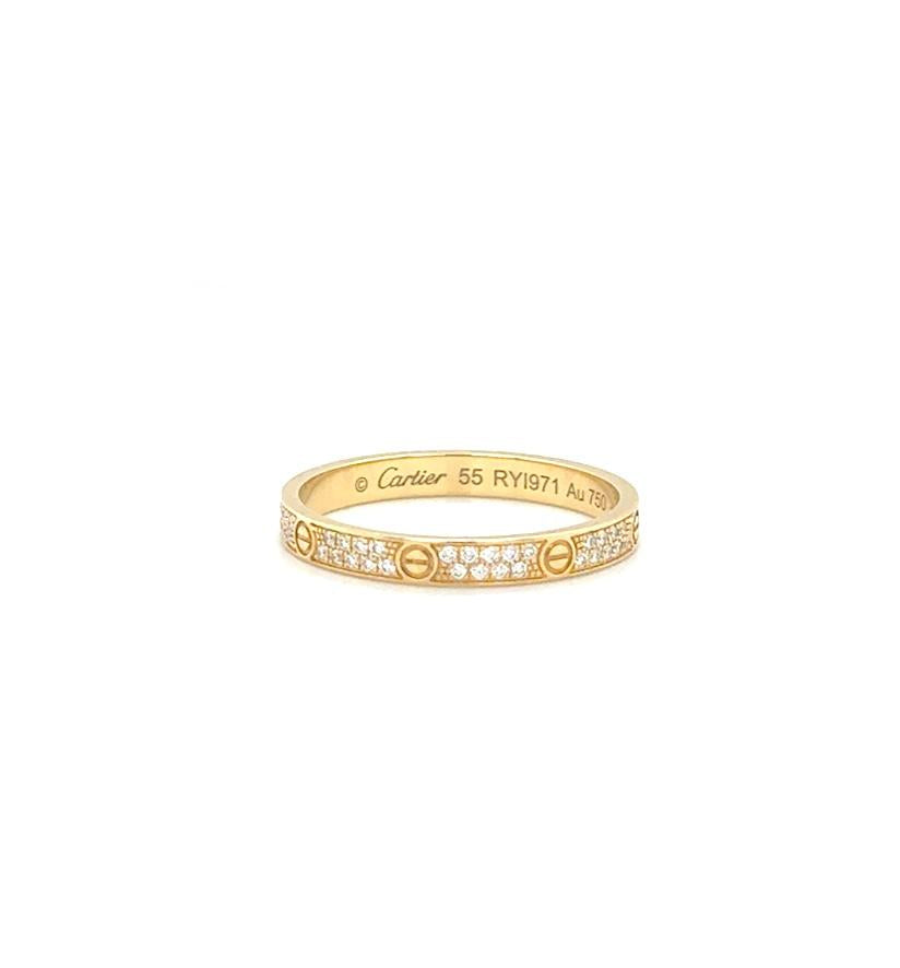 Cartier Love Ring Yellow Gold Mini Model Full Pave Diamond Size 55