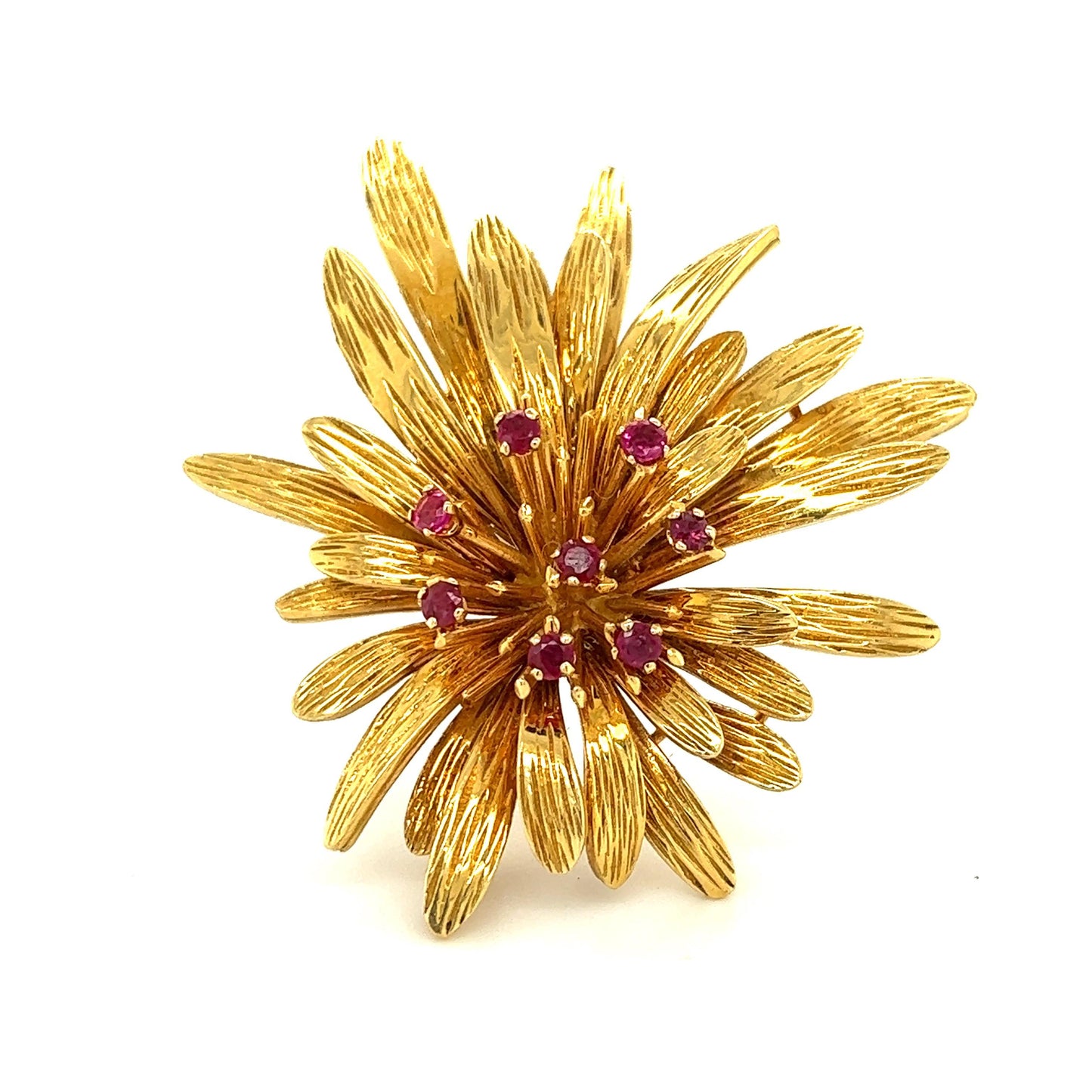 Van Cleef & Arpels Ruby Gemstone Floral Motif Brooch 18k Yellow Gold