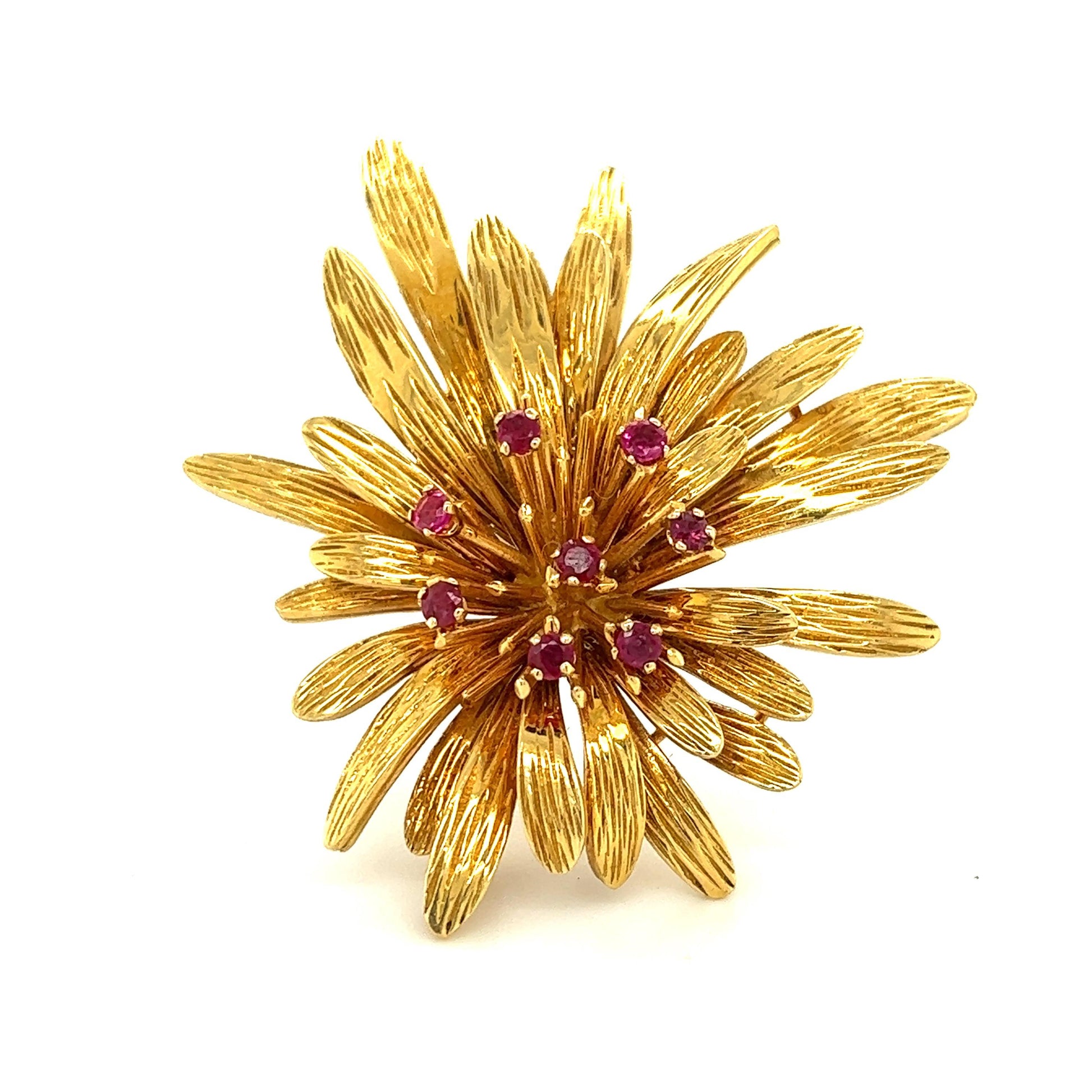 Van Cleef & Arpels Ruby Gemstone Floral Motif Brooch 18k Yellow Gold