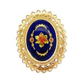 Victorian Cobalt Blue Glass Gemstone With Inlaid Golden Floral Top Ring Size 7