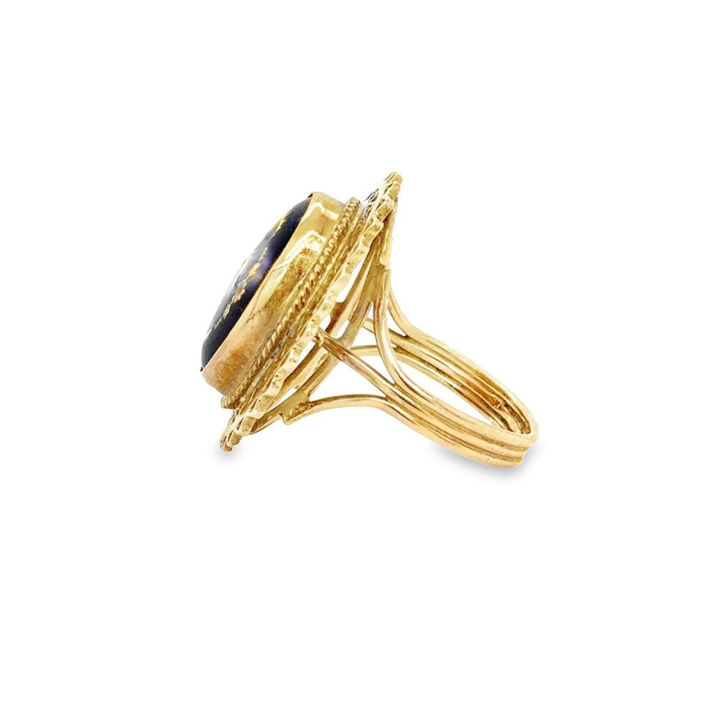 Victorian Cobalt Blue Glass Gemstone With Inlaid Golden Floral Top Ring Size 7