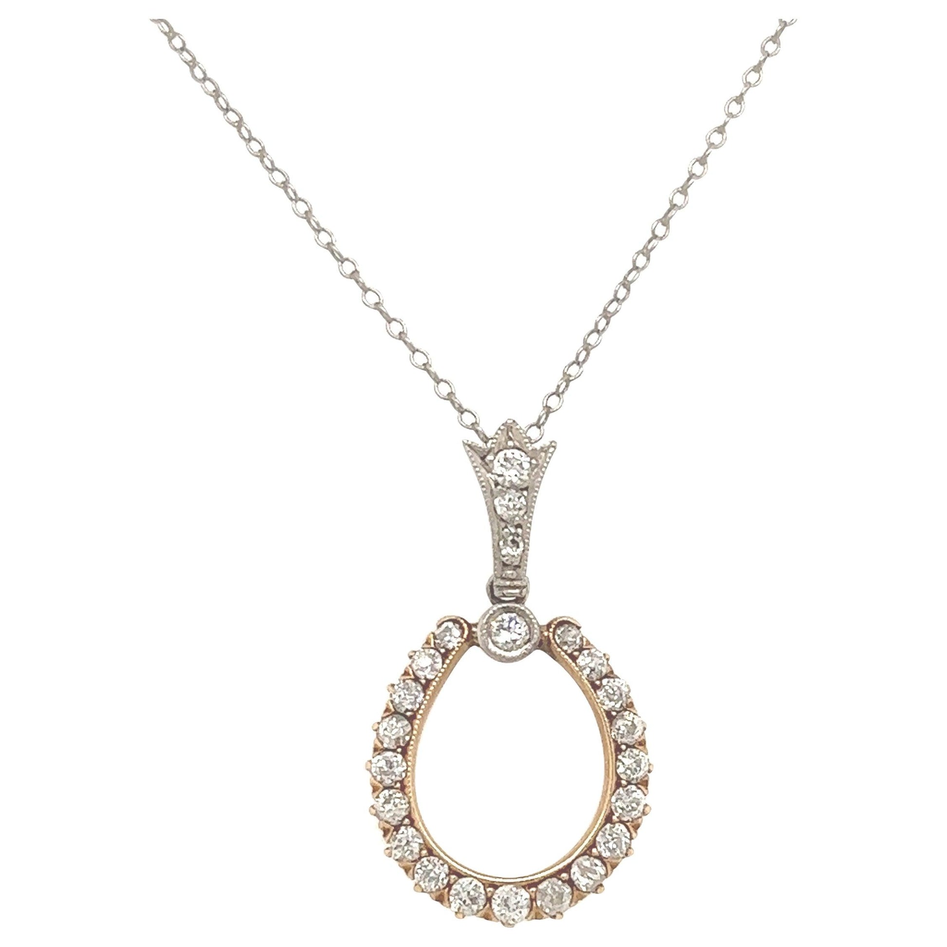 Victorian Diamond Horseshoe Pendant Necklace Platinum & Yellow Gold