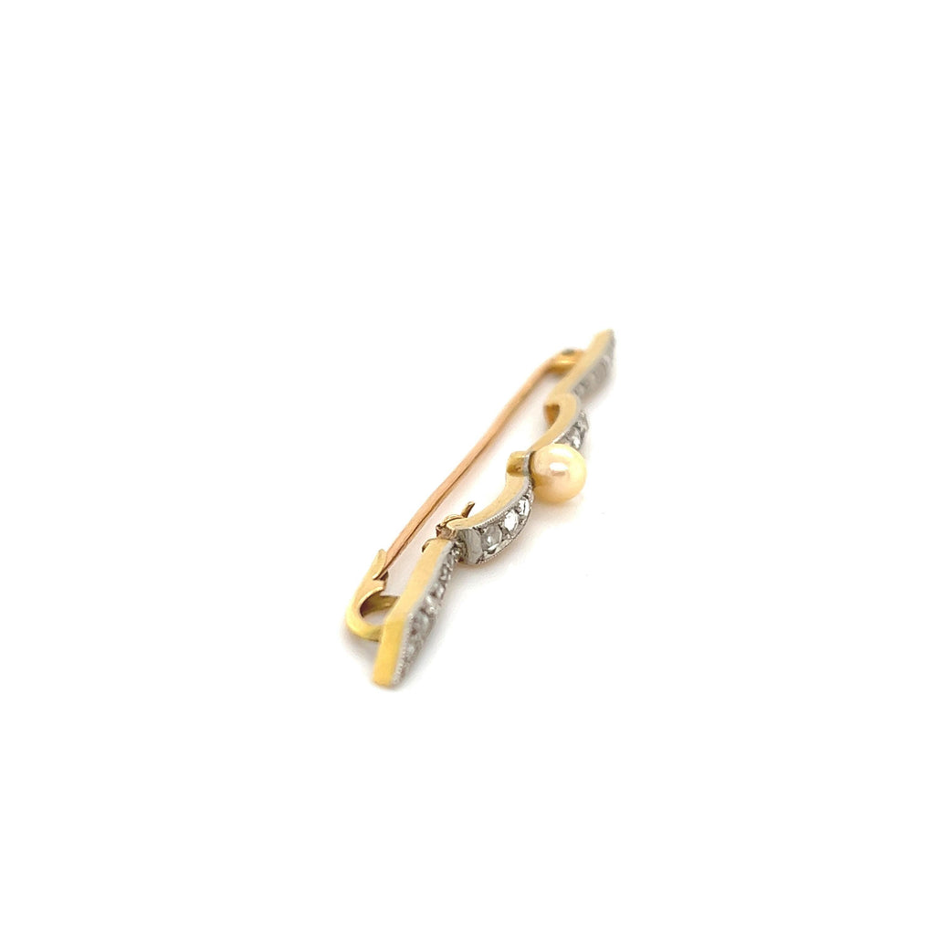 Victorian Diamond & Pearl French Made Bow Pin Platinum & Gold