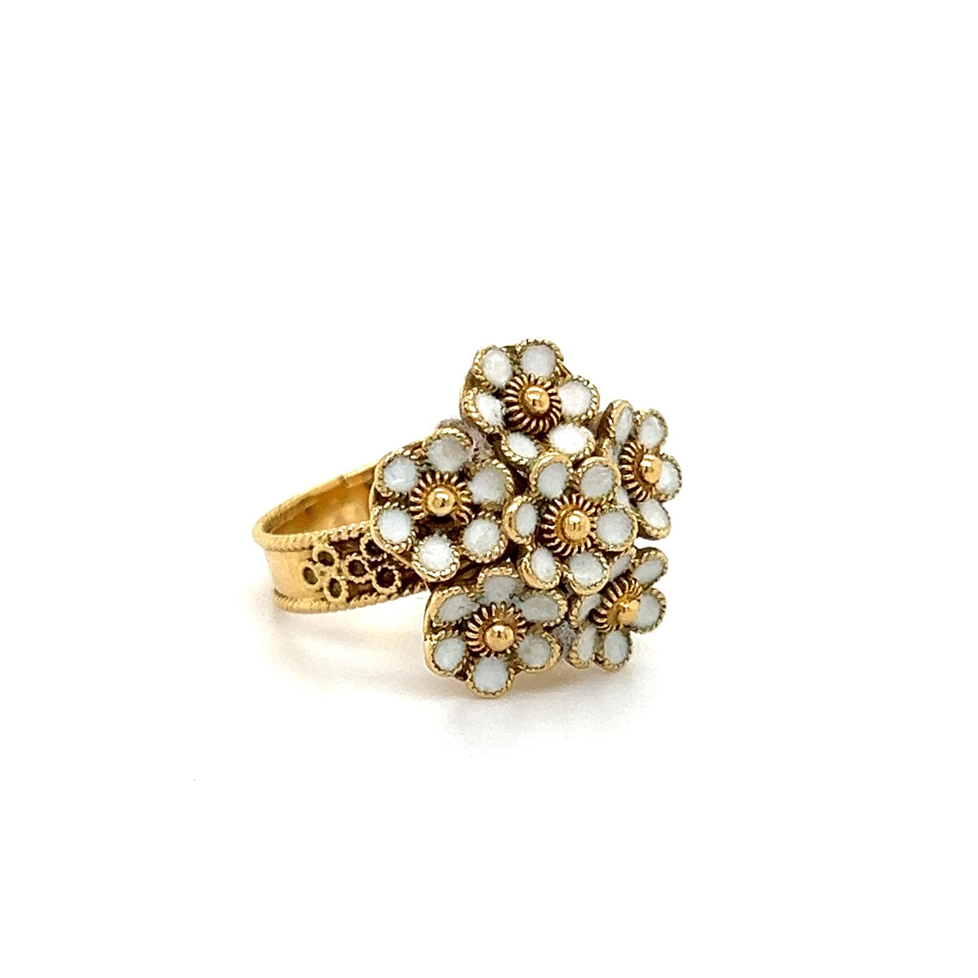 Victorian Floral Bouquet Enamel Ring 18k Yellow Gold