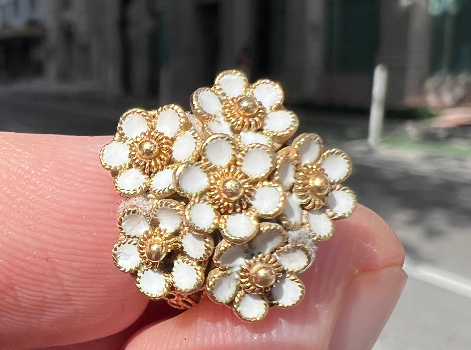 Victorian Floral Bouquet Enamel Ring 18k Yellow Gold