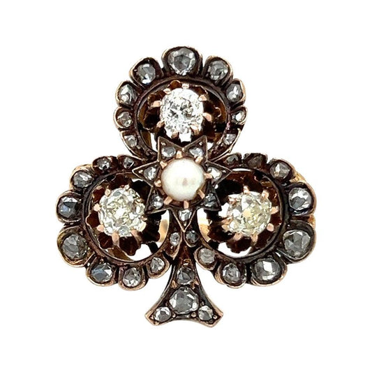 Victorian Four Leaf Clover Ring Old Mine Diamonds & Natural Pearl Gemstone