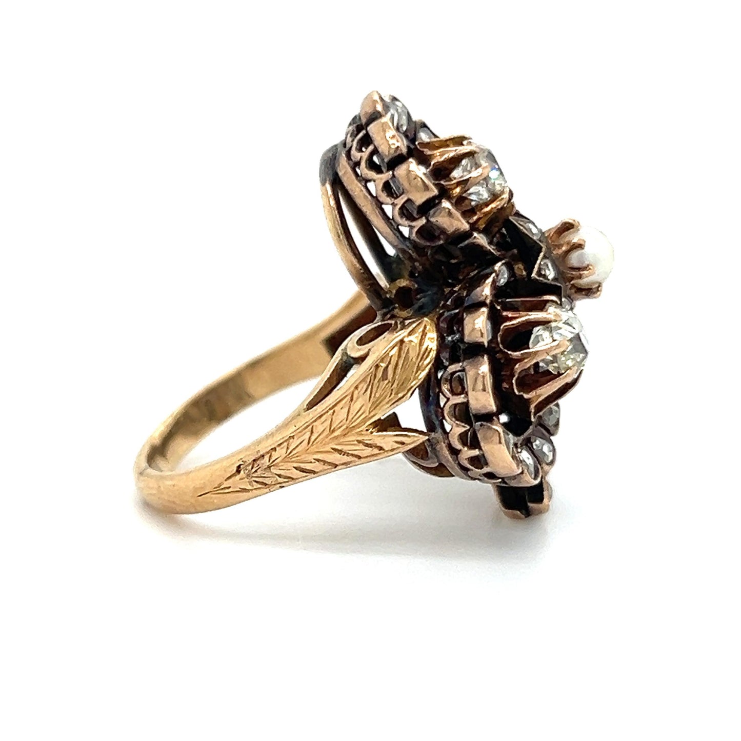 Victorian Four Leaf Clover Ring Old Mine Diamonds & Natural Pearl Gemstone