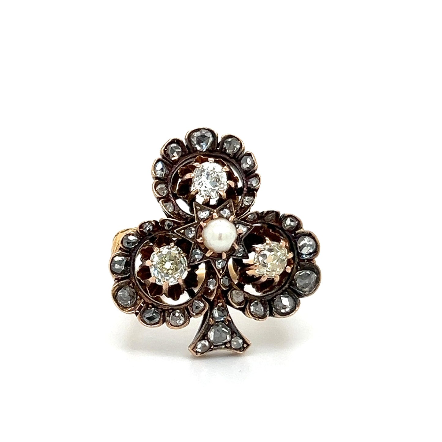 Victorian Four Leaf Clover Ring Old Mine Diamonds & Natural Pearl Gemstone