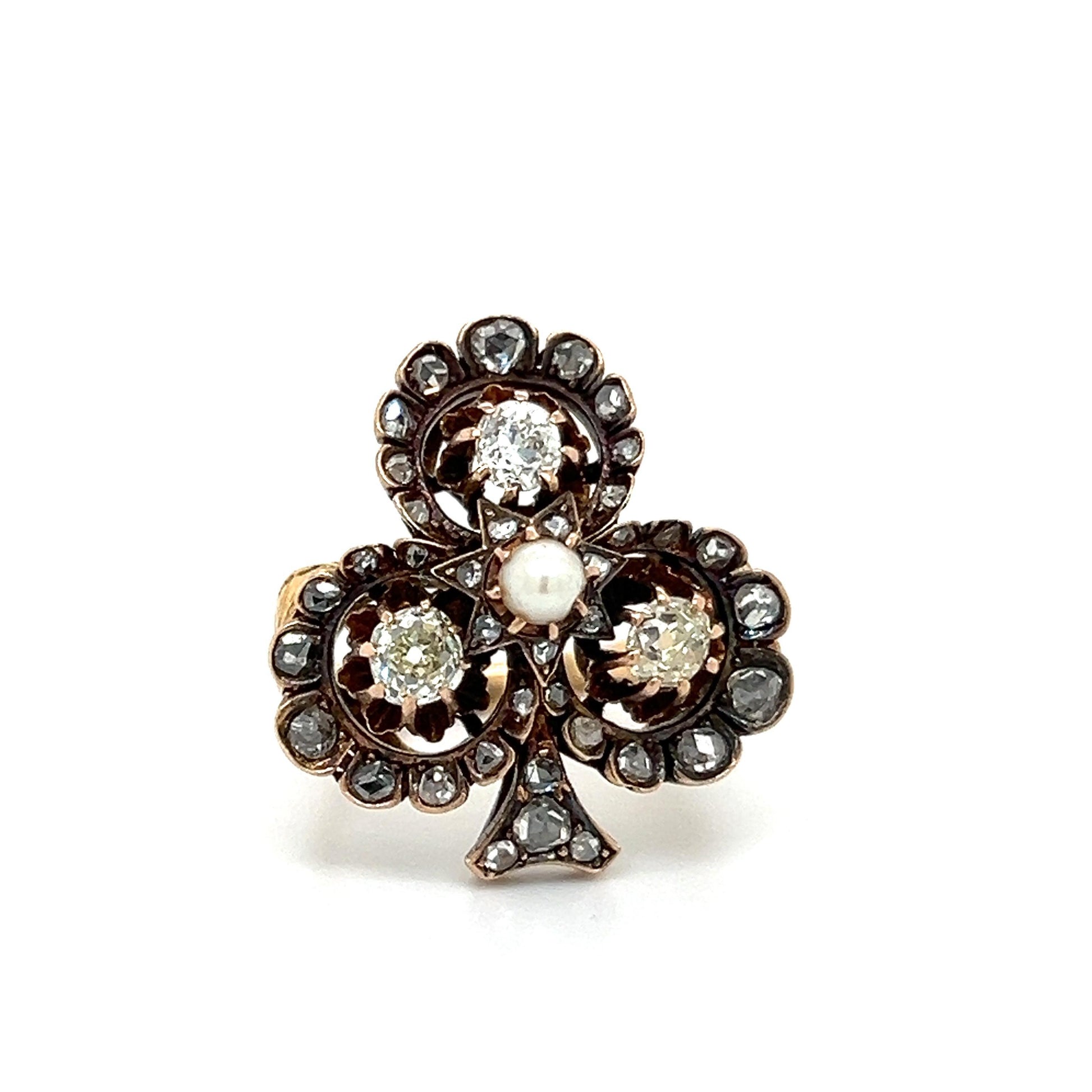 Victorian Four Leaf Clover Ring Old Mine Diamonds & Natural Pearl Gemstone