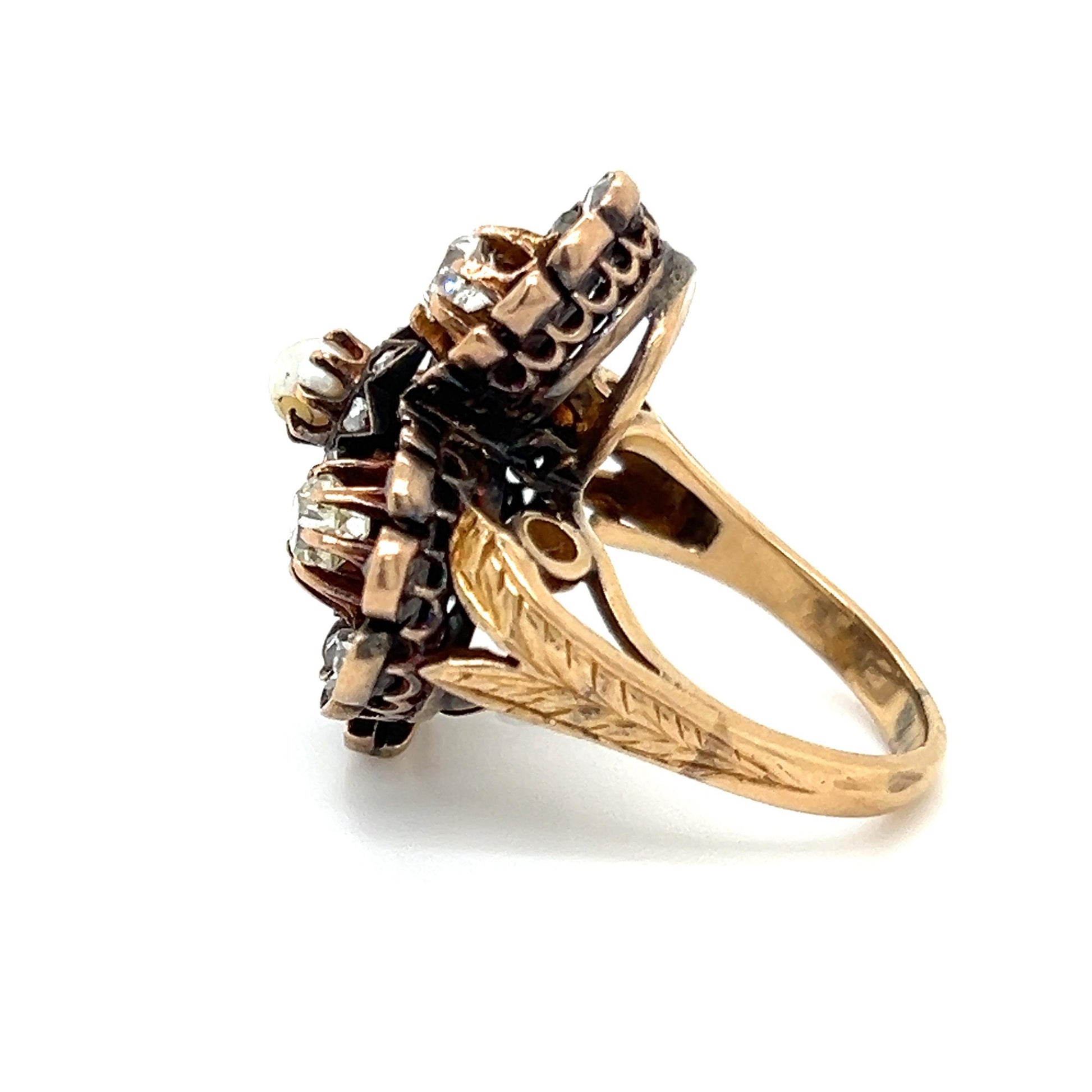 Victorian Four Leaf Clover Ring Old Mine Diamonds & Natural Pearl Gemstone