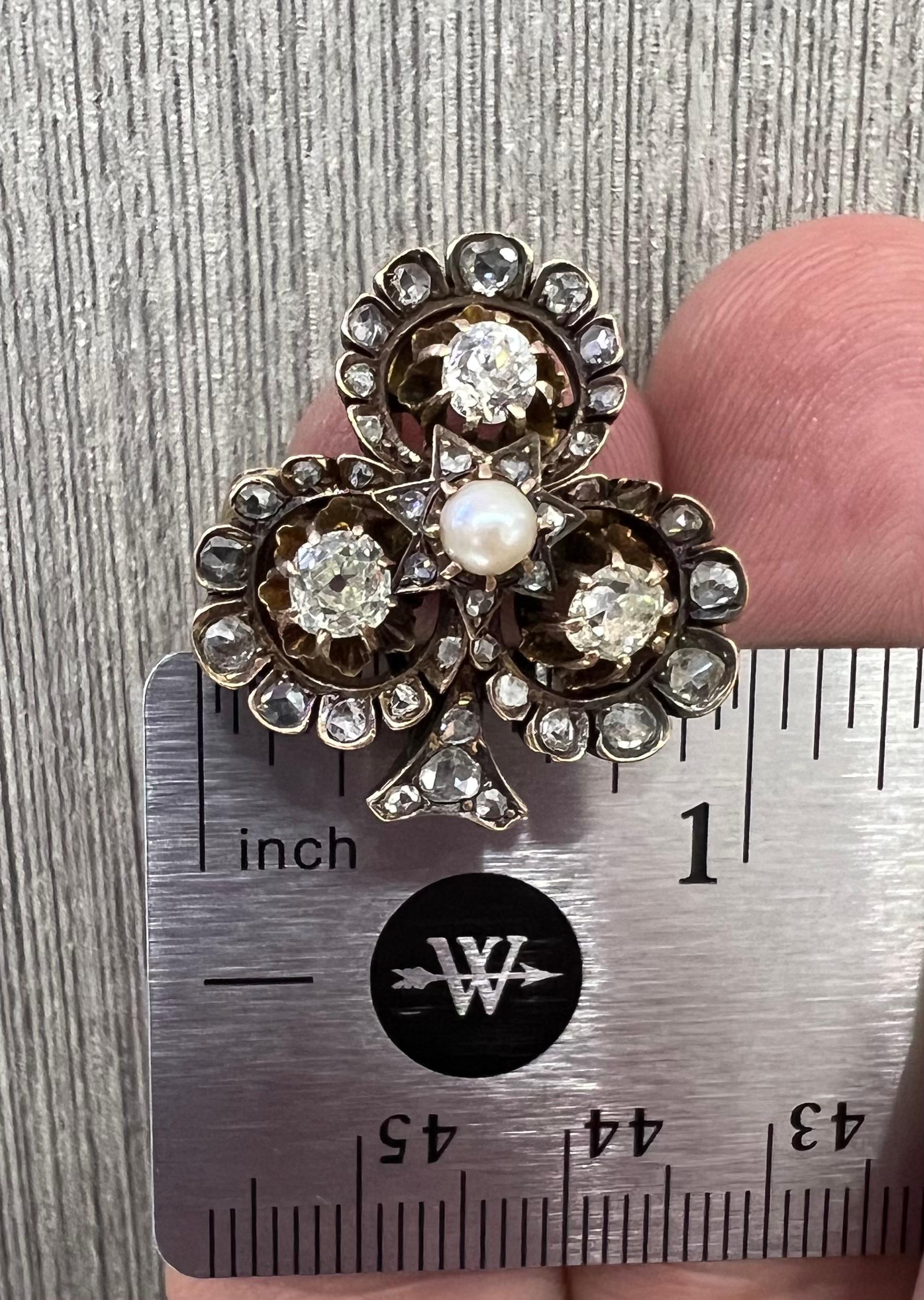 Victorian Four Leaf Clover Ring Old Mine Diamonds & Natural Pearl Gemstone