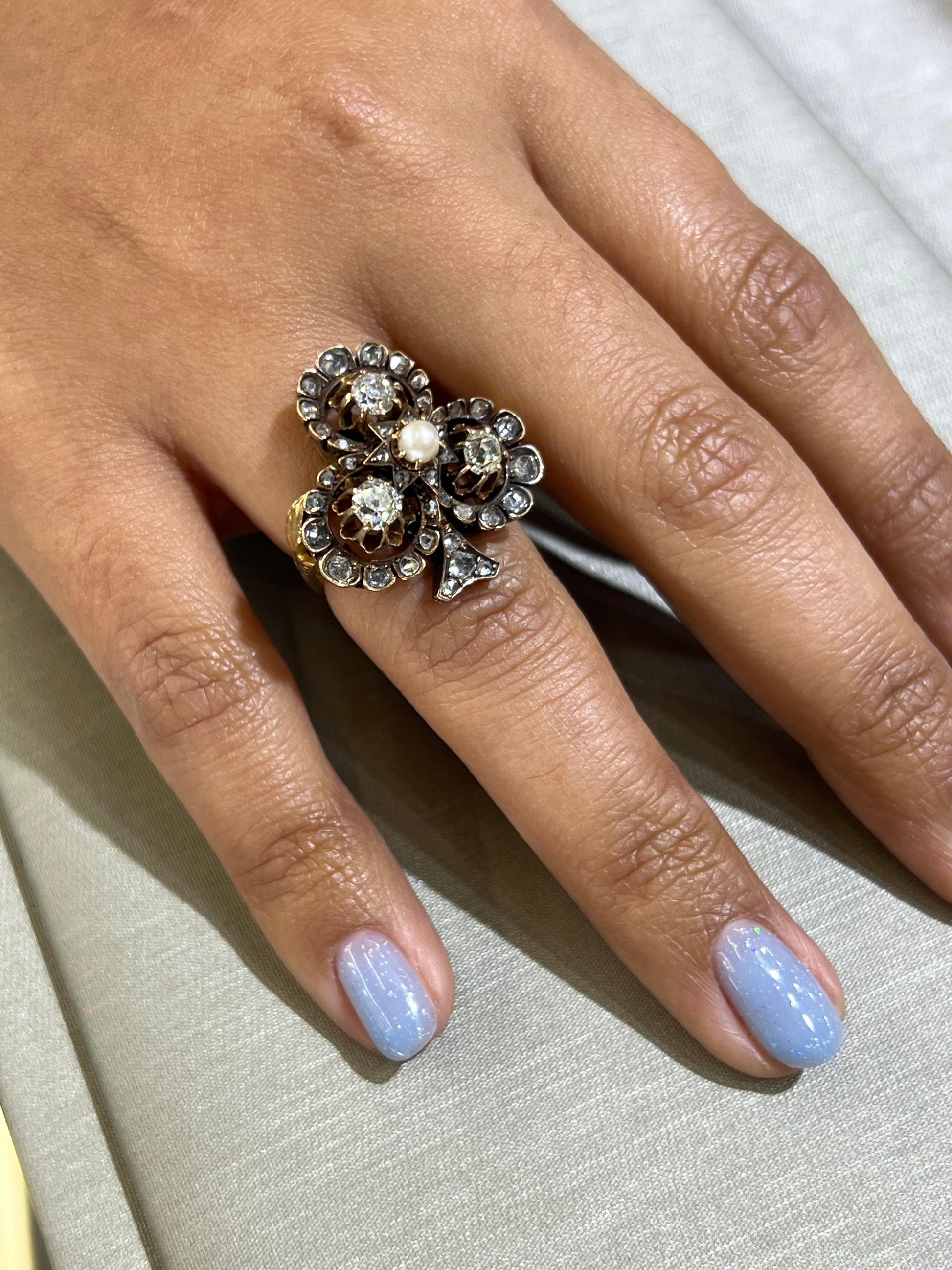 Victorian Four Leaf Clover Ring Old Mine Diamonds & Natural Pearl Gemstone