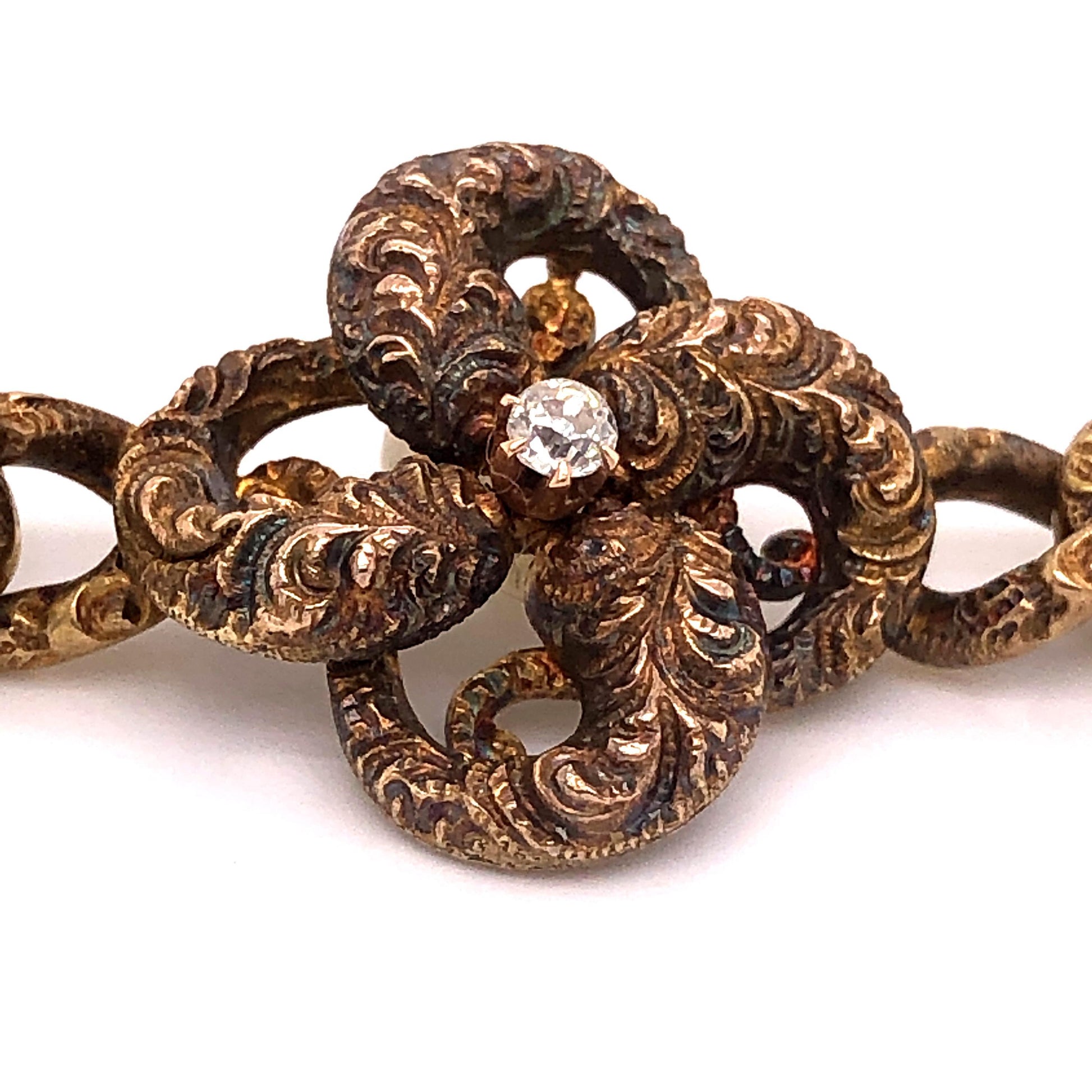Victorian Gold and Diamond Bracelet Curved Link Etched Detail, 1895