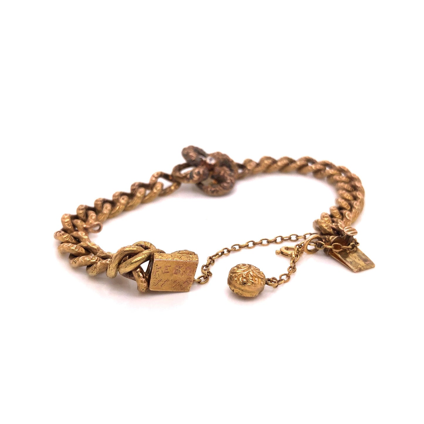 Victorian Gold and Diamond Bracelet Curved Link Etched Detail, 1895