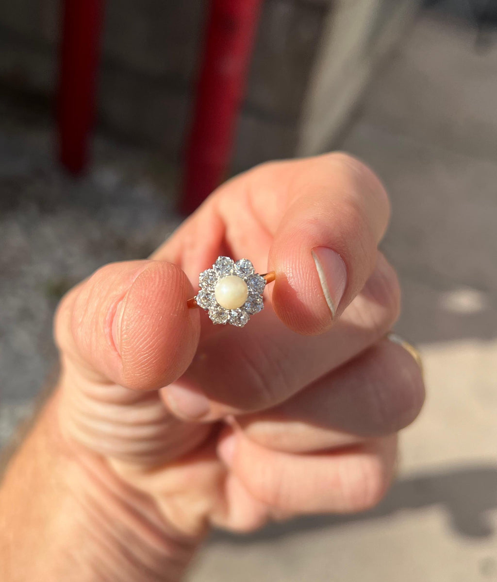 Victorian Natural Pearl & Old Mine Cut Diamond Halo Cocktail Ring