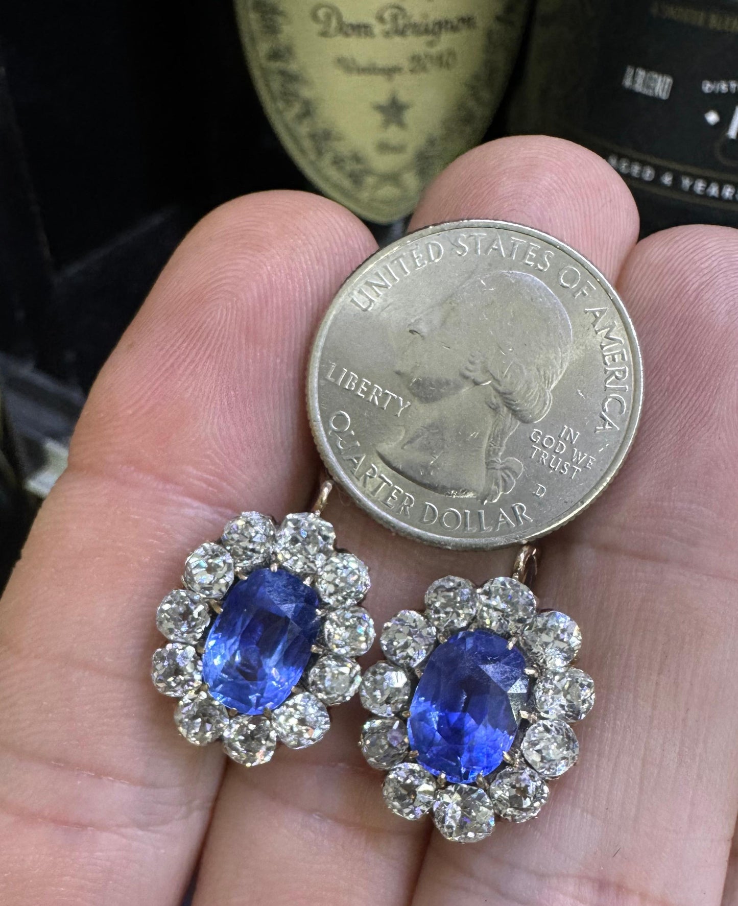 Victorian Sapphire & Old Mine Cut Diamonds Cluster Drop Earrings French Made