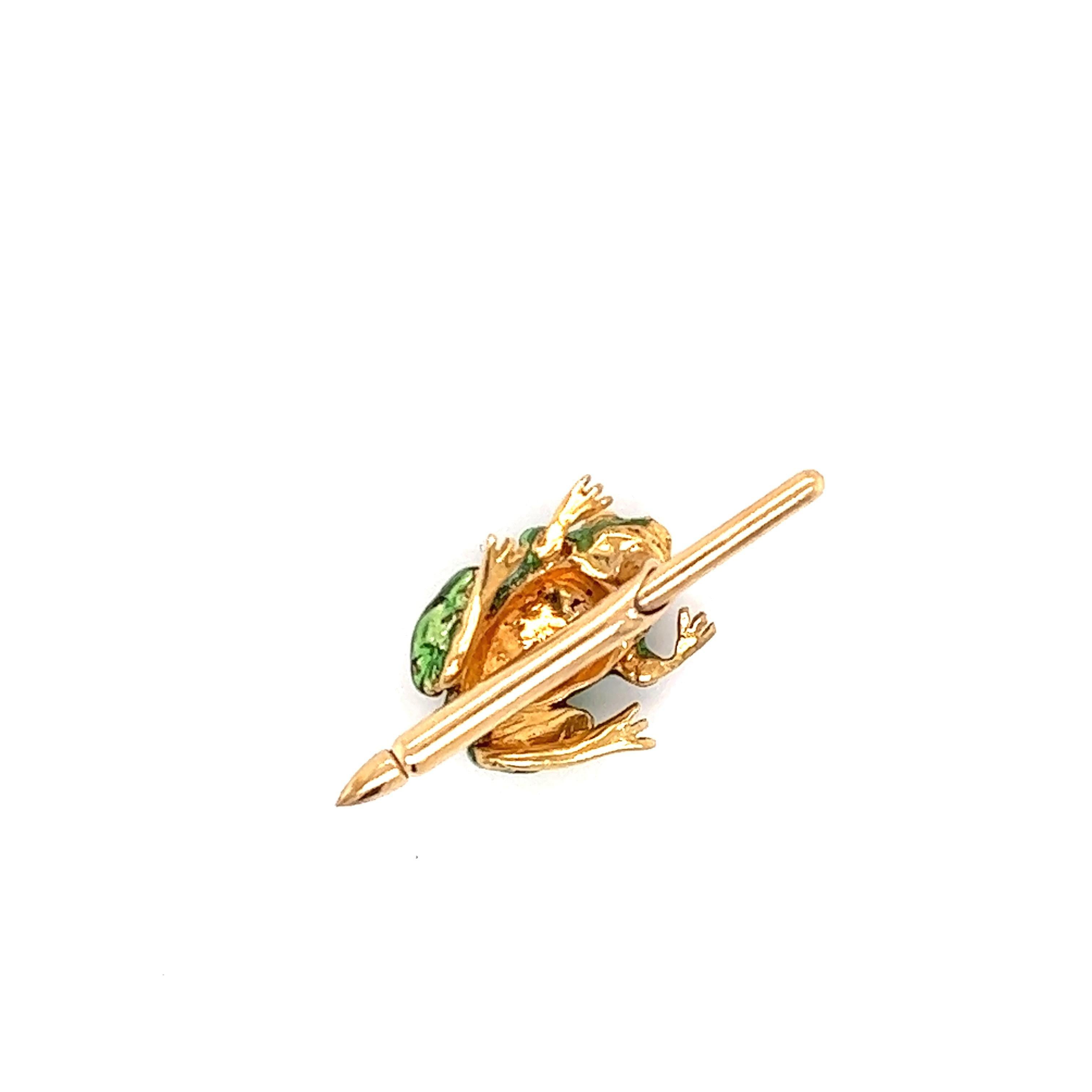 Vintage Diamond Enamel Frog Button Stud 14k Yellow Gold