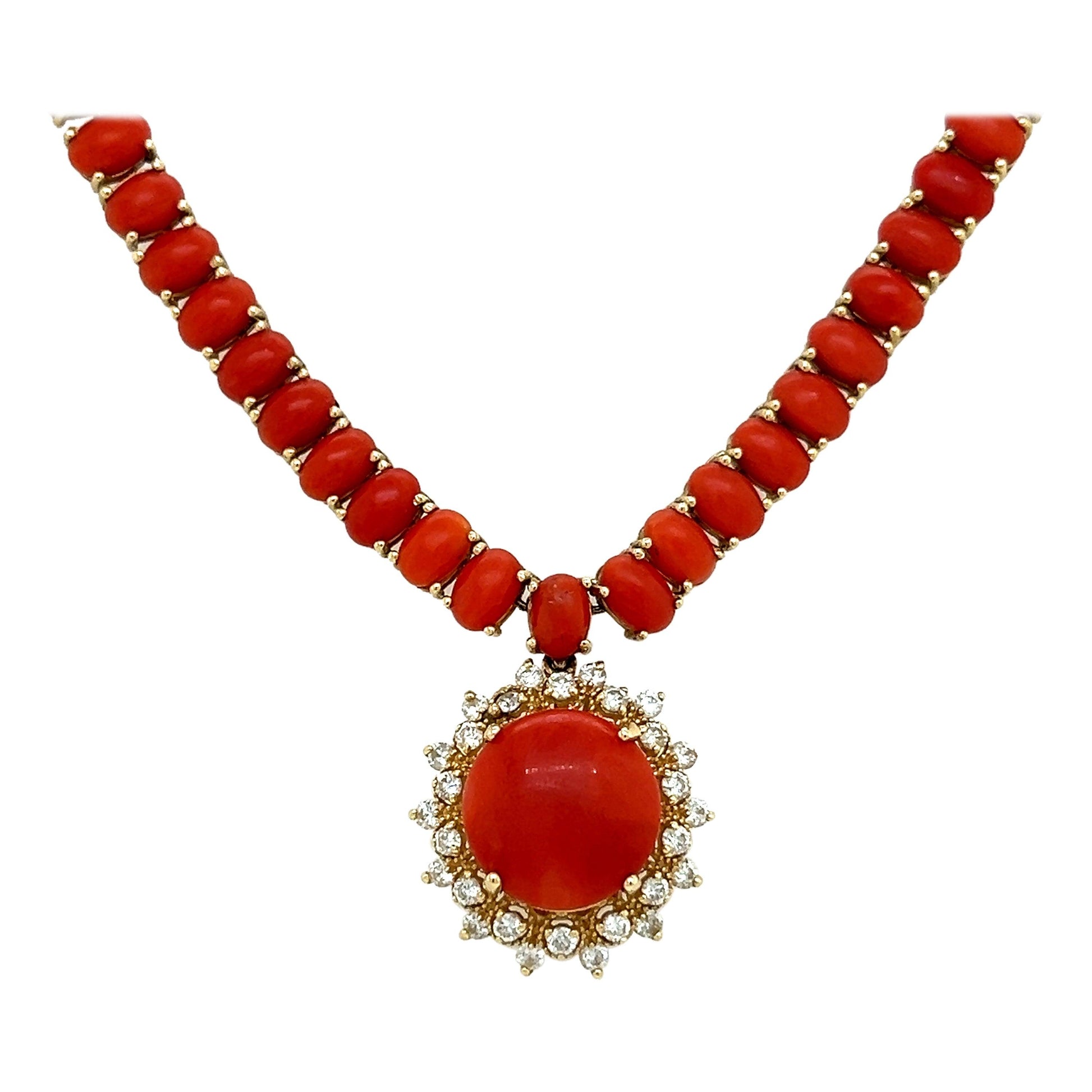 Vintage Red Coral & Diamond 14k Yellow Gold Necklace Pendant