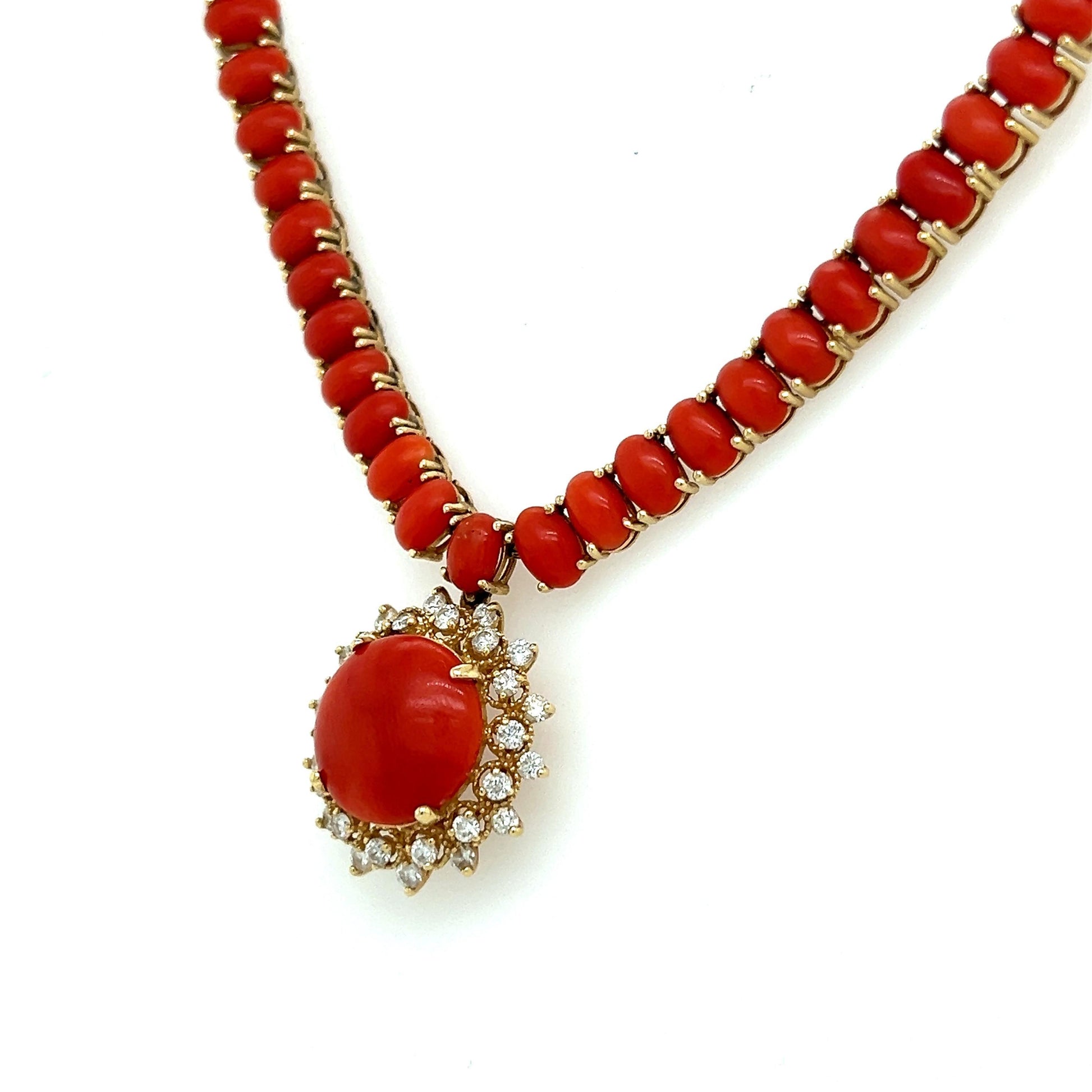 Vintage Red Coral & Diamond 14k Yellow Gold Necklace Pendant