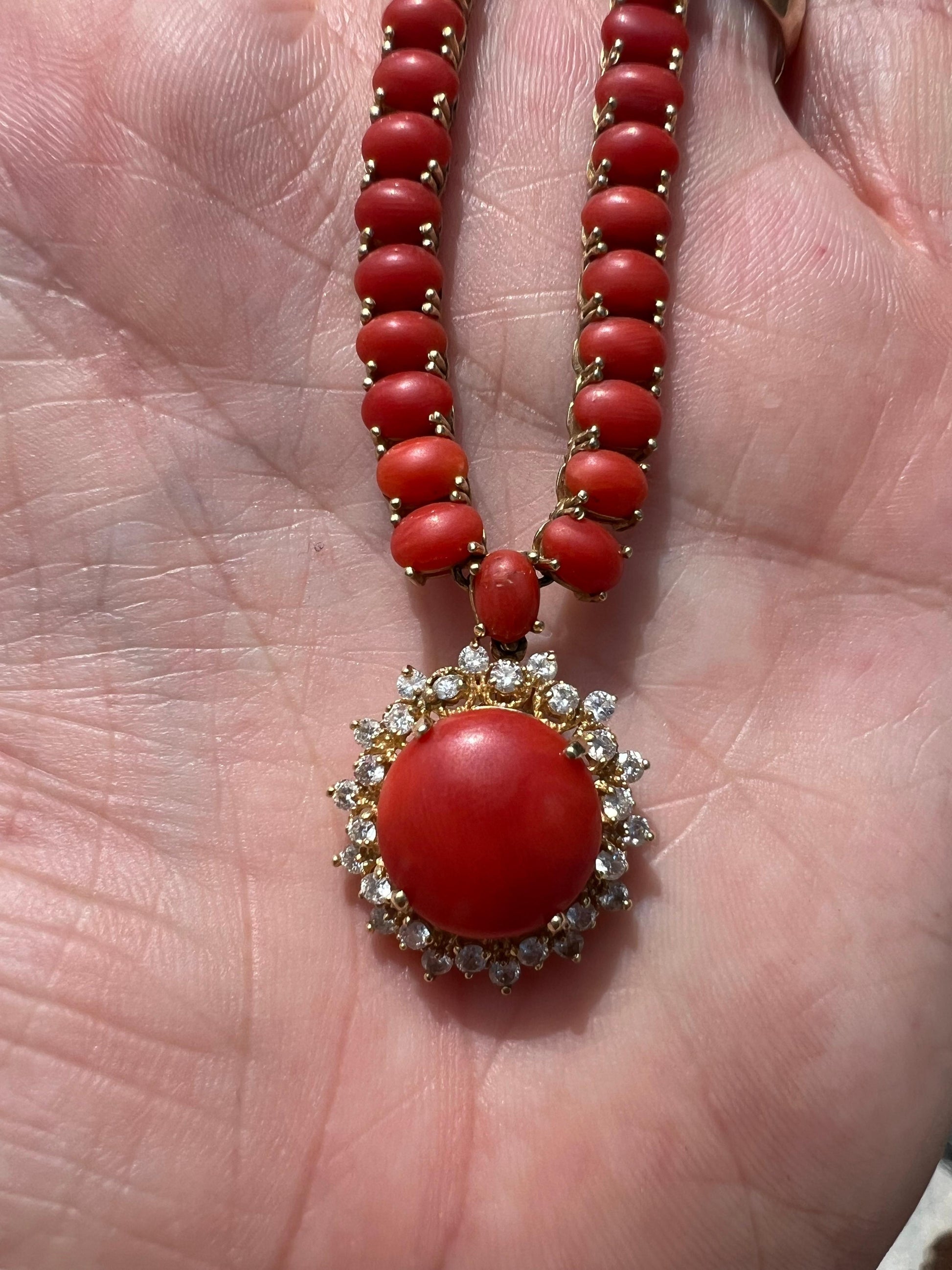 Vintage Red Coral & Diamond 14k Yellow Gold Necklace Pendant