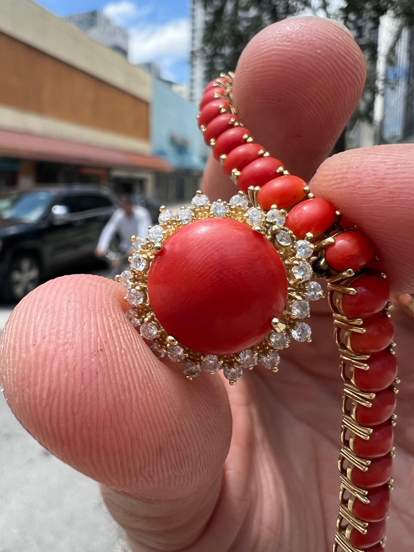 Vintage Red Coral & Diamond 14k Yellow Gold Necklace Pendant