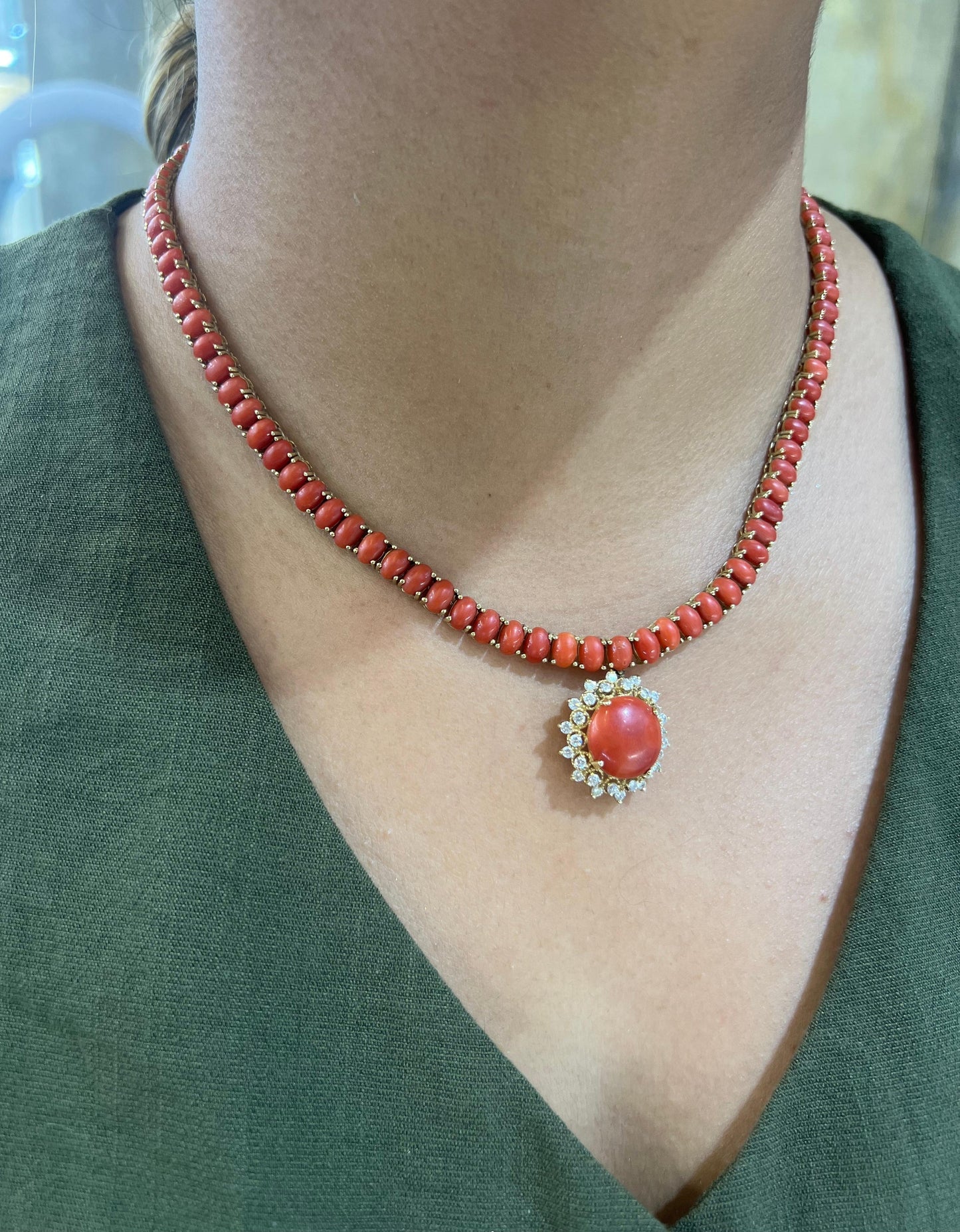 Vintage Red Coral & Diamond 14k Yellow Gold Necklace Pendant