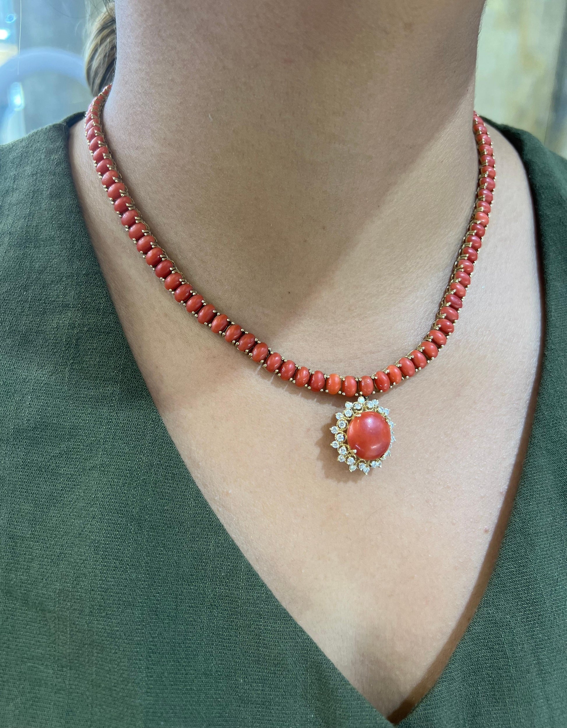 Vintage Red Coral & Diamond 14k Yellow Gold Necklace Pendant