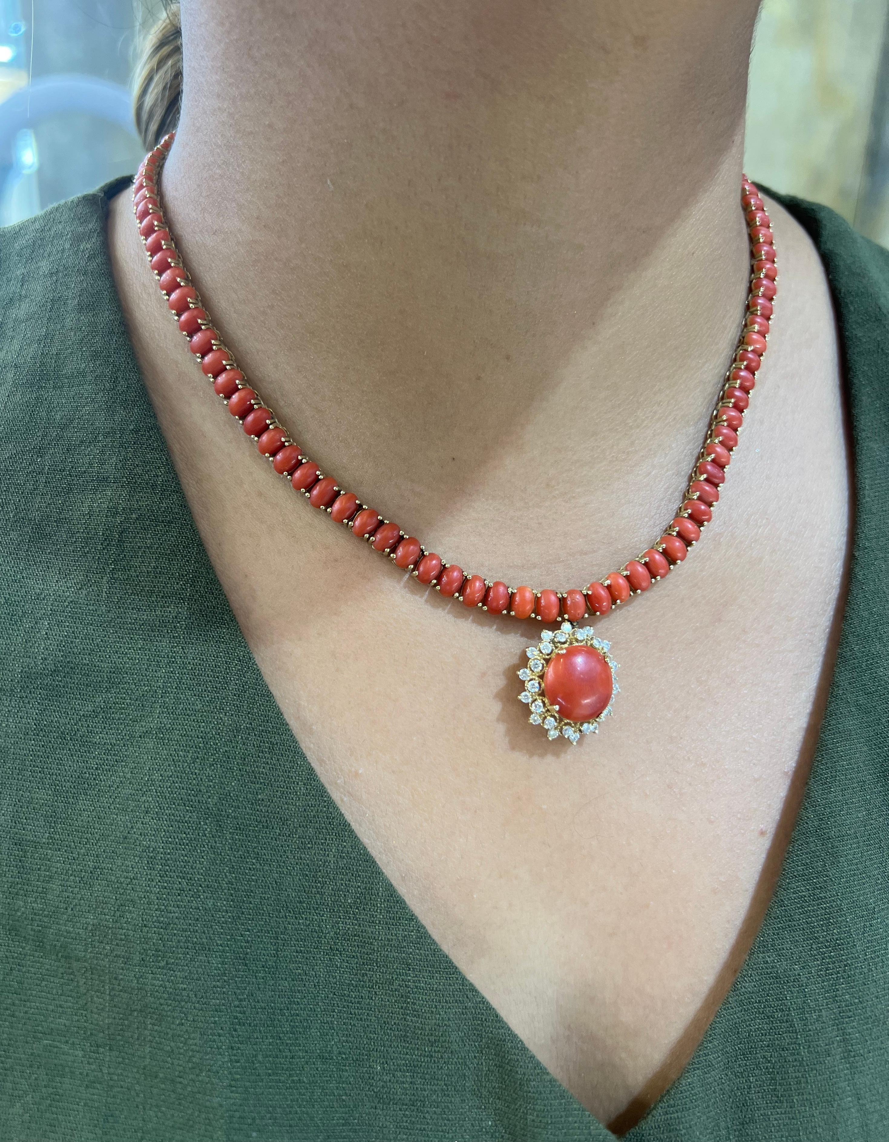 Vintage Red Coral & Diamond 14k Yellow Gold Necklace Pendant