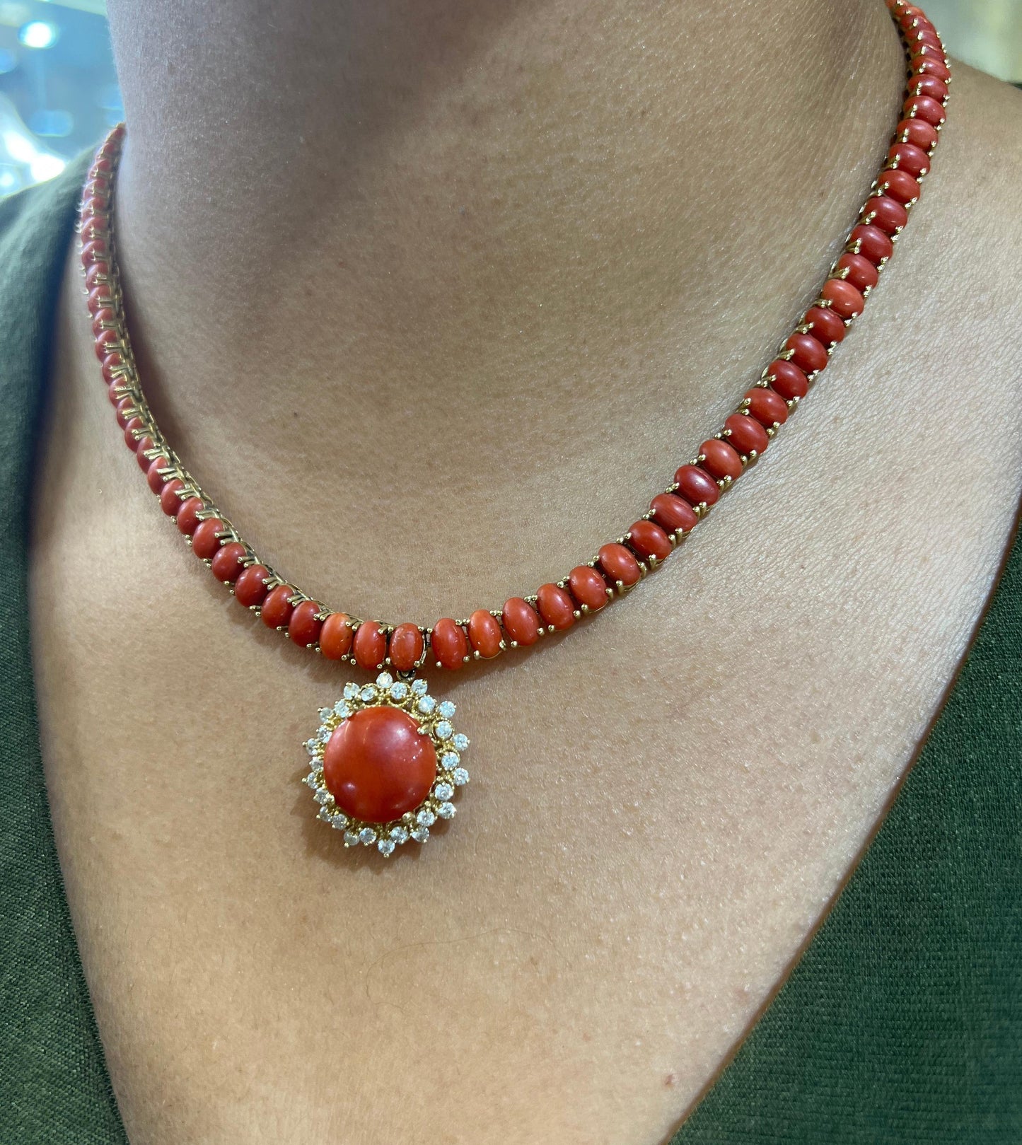 Vintage Red Coral & Diamond 14k Yellow Gold Necklace Pendant