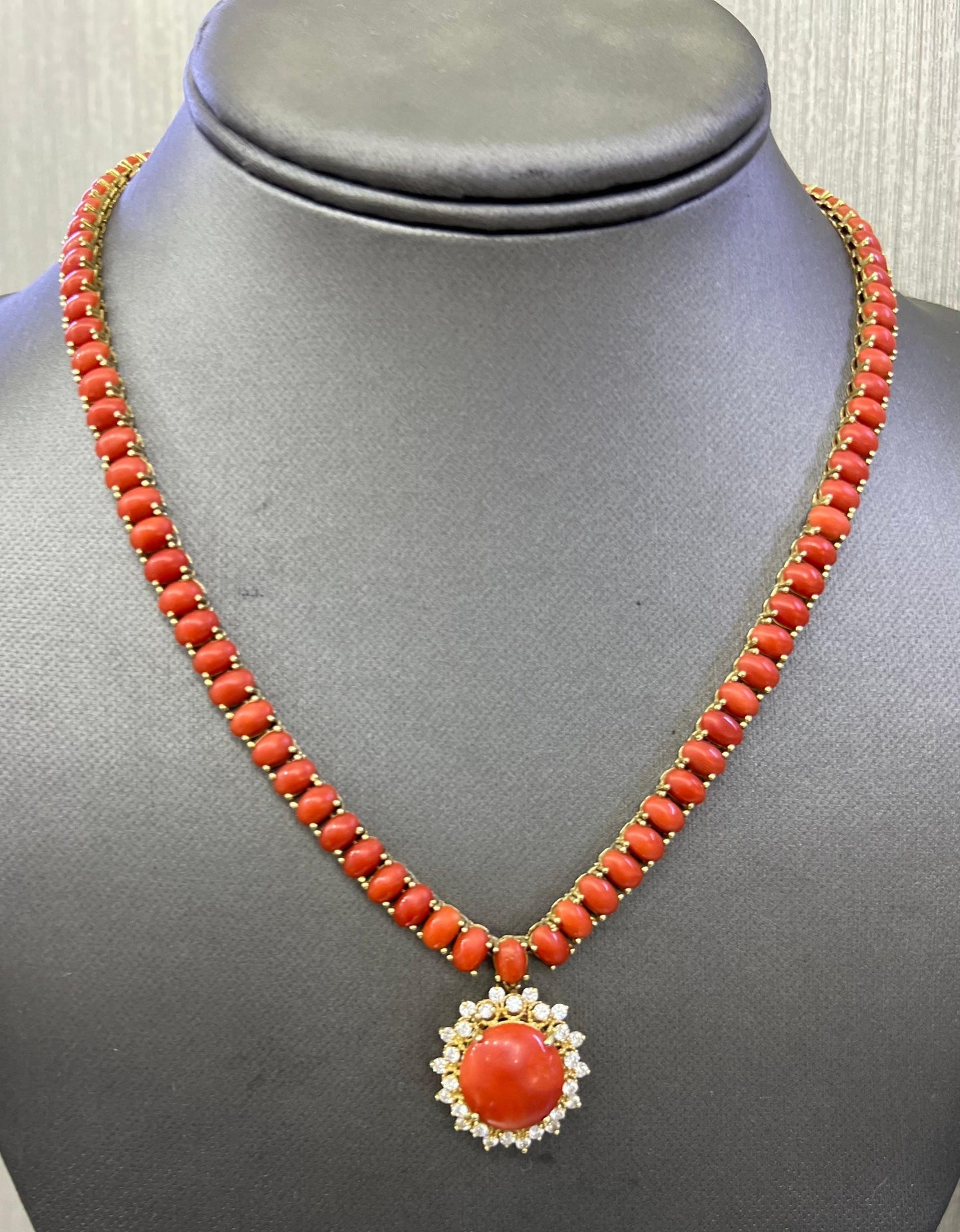 Vintage Red Coral & Diamond 14k Yellow Gold Necklace Pendant