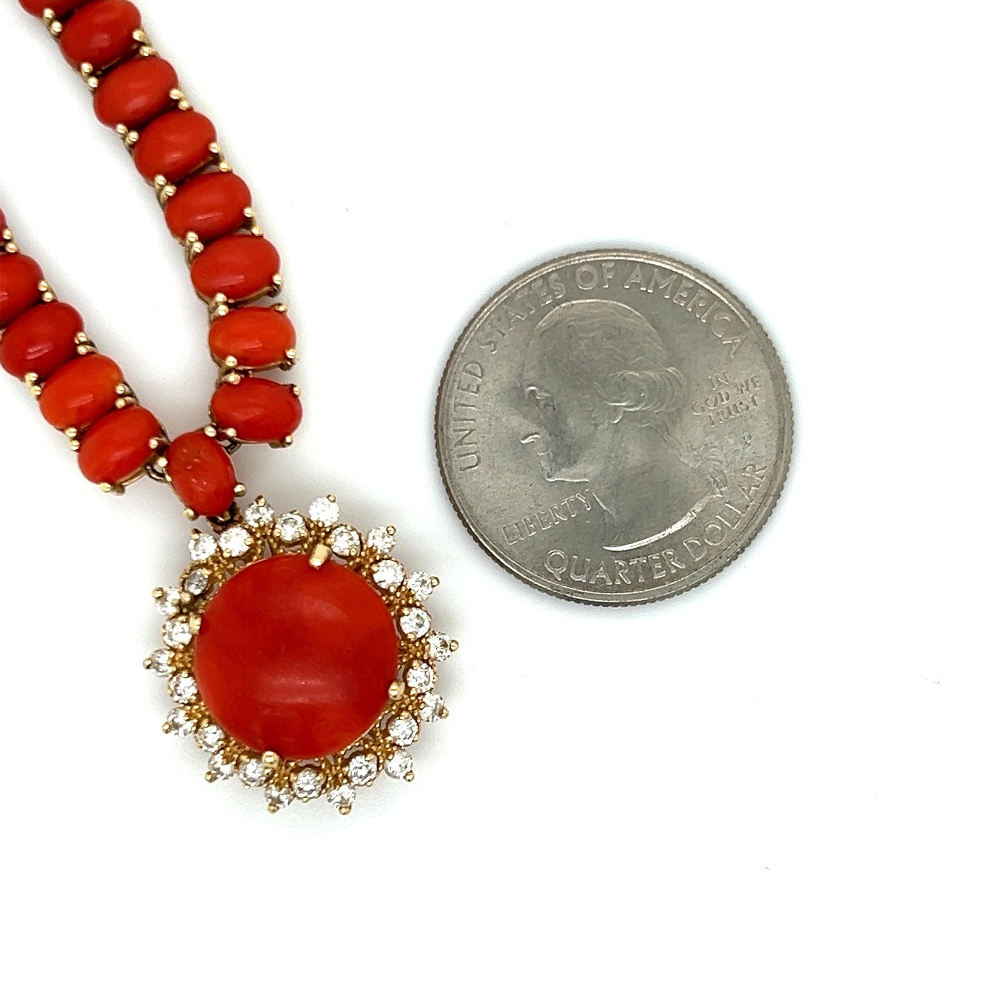 Vintage Red Coral & Diamond 14k Yellow Gold Necklace Pendant
