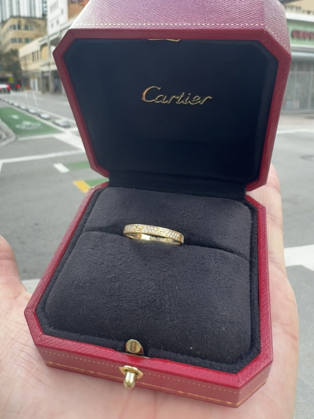 Cartier Love Ring Yellow Gold Mini Model Full Pave Diamond Size 55