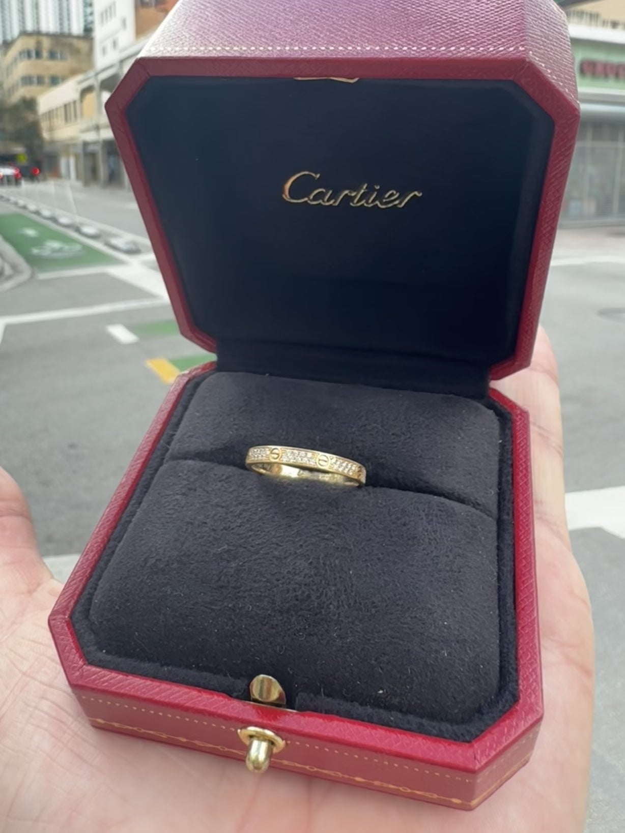 Cartier Love Ring Yellow Gold Mini Model Full Pave Diamond Size 55