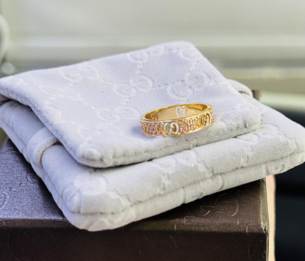 Gucci 18K Rose Gold Pink Sapphire Icon Stardust Thin Band Ring Size 7.5